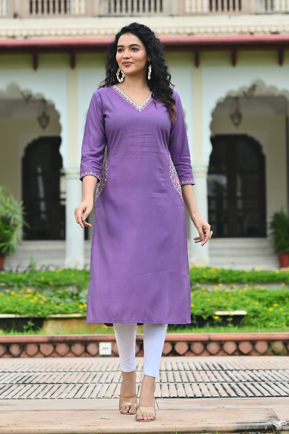 Women’s Cotton Blend Embroidered Kurthi with V Neck and 3/4th Sleeves - Purple - 105