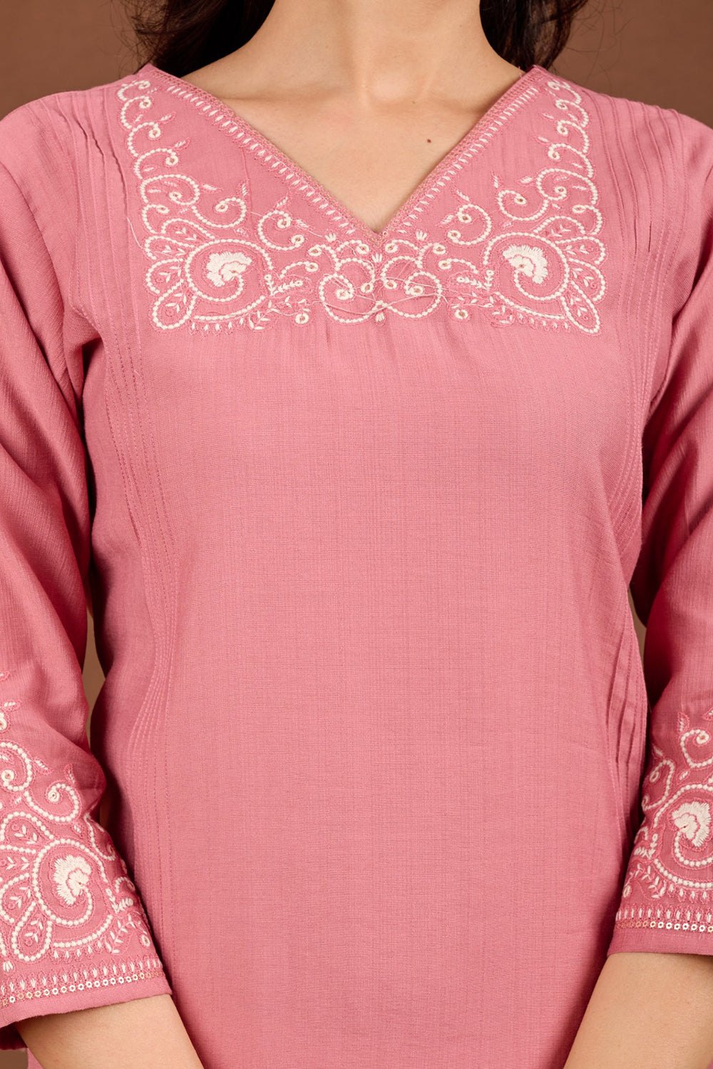Women’s Cotton Blend Embroidered Kurthi with V Neck and 3/4th Sleeves - Pink - 141