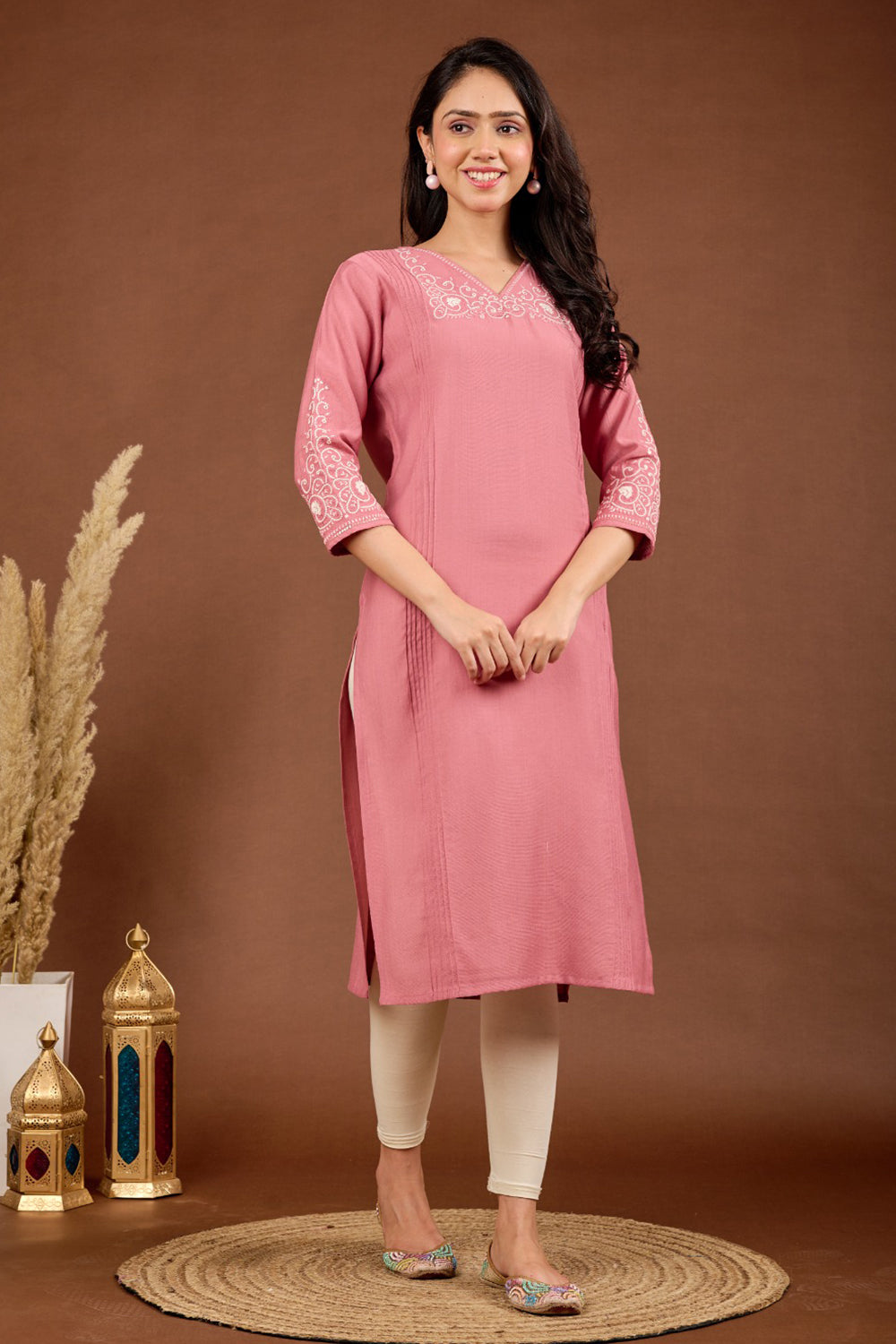 Women’s Cotton Blend Embroidered Kurthi with V Neck and 3/4th Sleeves - Pink - 141