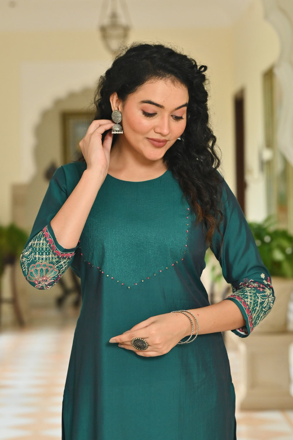 Women’s Cotton Blend Embroidered Kurthi with Round Neck and 3/4th Sleeves - Bottle Green - 267