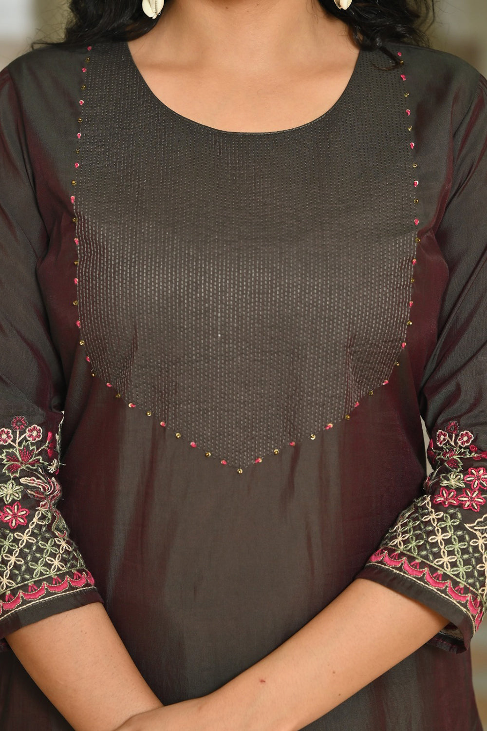 Women’s Cotton Blend Embroidered Kurthi with Round Neck and 3/4th Sleeves - Grey - 267