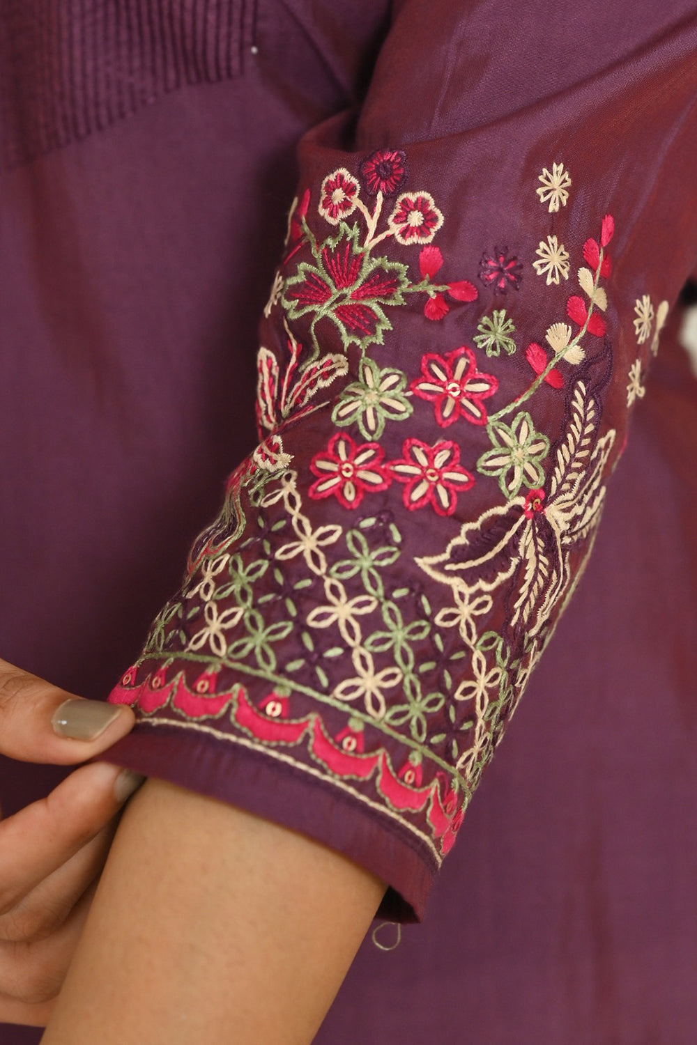 Women’s Cotton Blend Embroidered Kurthi with Round Neck and 3/4th Sleeves - Wine - 267