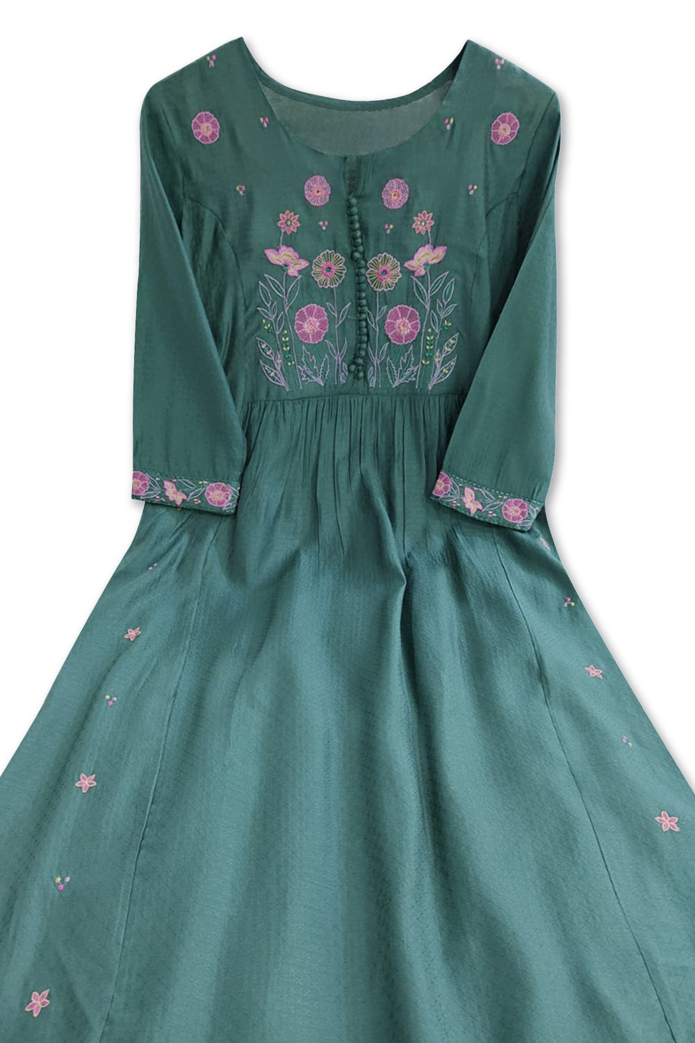 Women’s Cotton Blend Embroidered Kurthi with V Neck and 3/4th Sleeves - Green - 304