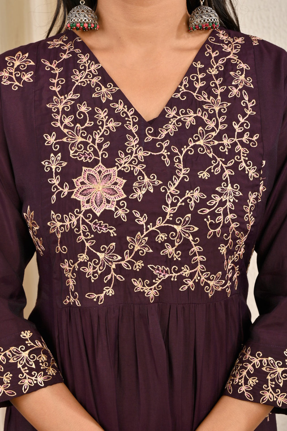 Women’s Cotton Blend Embroidered Kurthi with V Neck and 3/4th Sleeves - Maroon - 312