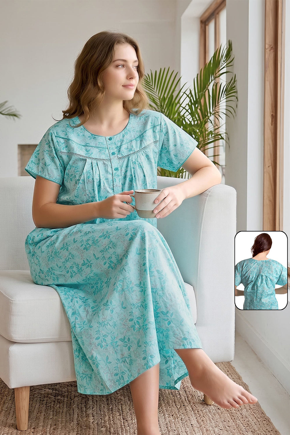 Women's Bizzy Lizzy Poly Viscose Printed Nighty | Round Neck Short Sleeve Full Length Night Gown for Women | Relax Fit Premium Sleepwear - 1006