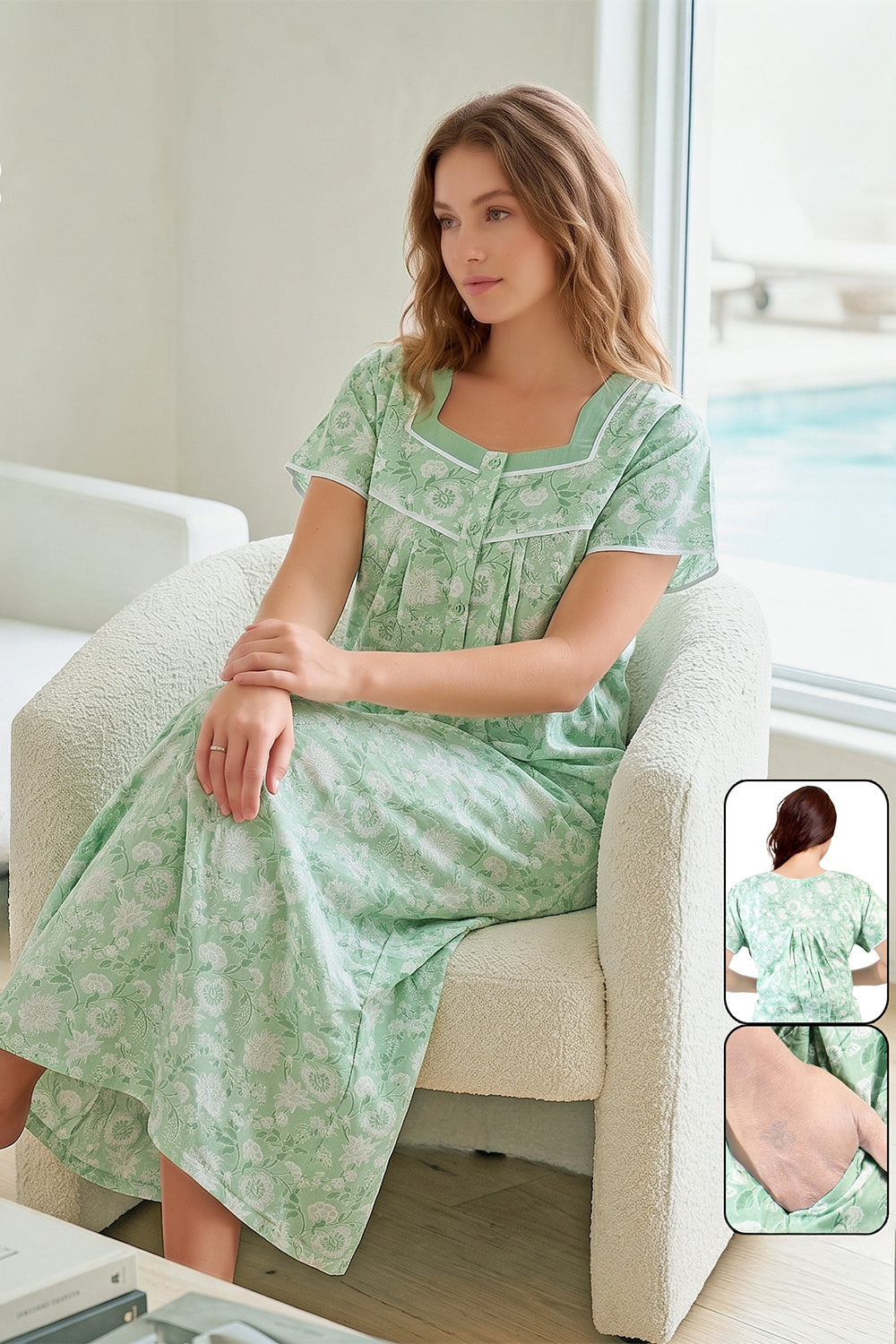 Women’s Pure Cotton Printed Pleated Nighty | Full Length Round Neck Cotton Night Dress with Short Sleeves | Regular Fit Daily Wear Sleepwear & Loungewear - 1015