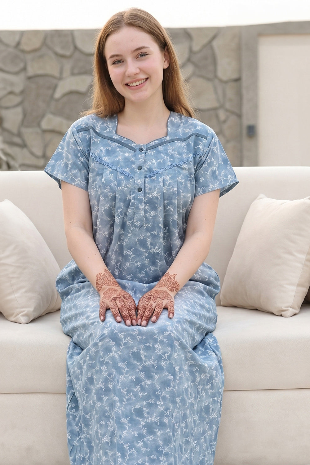Women's Bizzy Lizzy Poly Viscose Printed Nighty | Round Neck Short Sleeve Full Length Night Gown for Women | Relax Fit Premium Sleepwear - 1018