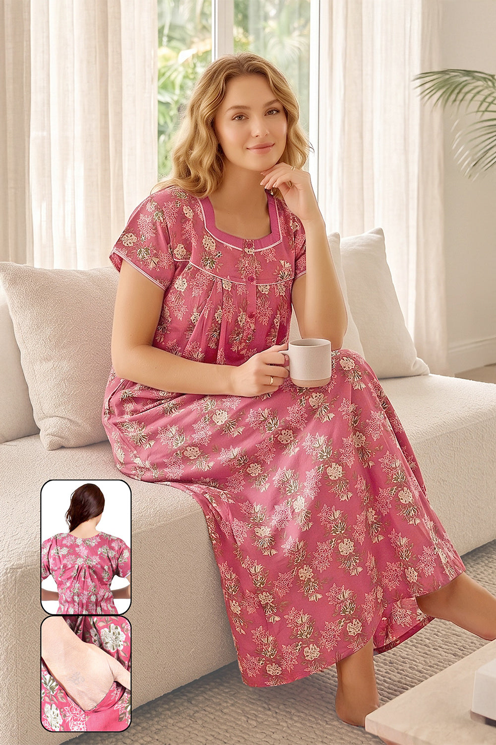 Women’s Pure Cotton Printed Pleated Nighty | Full Length Round Neck Cotton Night Dress with Short Sleeves | Regular Fit Daily Wear Sleepwear & Loungewear - 1020