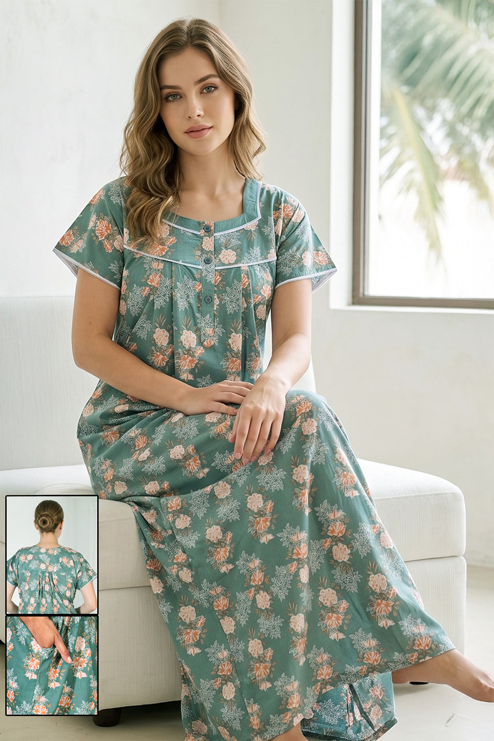 Women’s Pure Cotton Printed Pleated Nighty | Full Length Round Neck Cotton Night Dress with Short Sleeves | Regular Fit Daily Wear Sleepwear & Loungewear - 1020