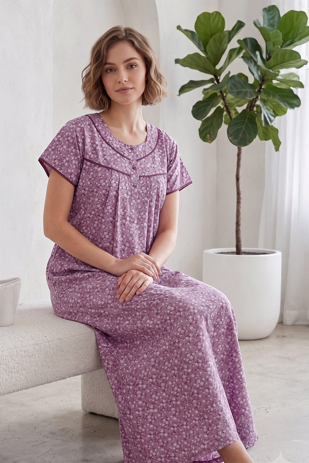 Women’s Pure Cotton Printed Pleated Nighty | Full Length Round Neck Cotton Night Dress with Short Sleeves | Regular Fit Daily Wear Sleepwear & Loungewear - 1045