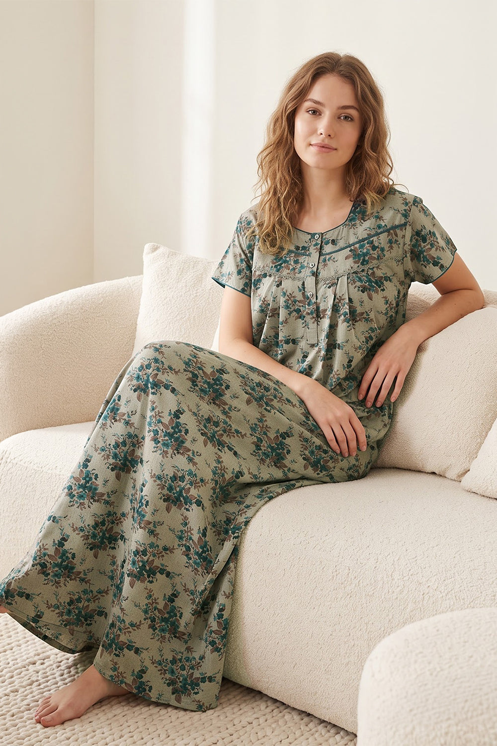 Women’s Poly Viscose Prints Pleated Nighty | Full Length Round Neck Night Dress with Short Sleeve | Relax Fit Sleepwear, Home Wear & Loungewear