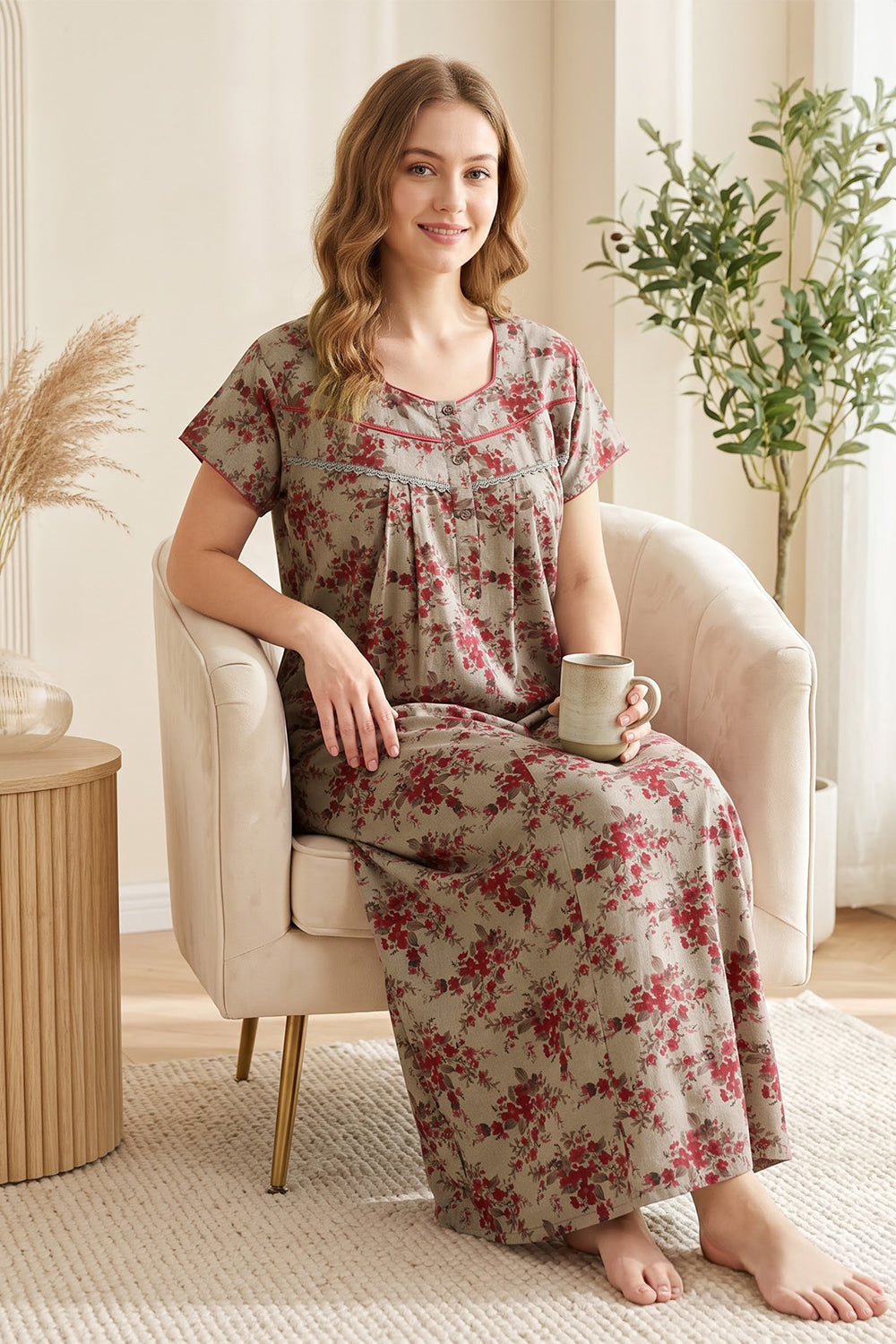 Women’s Poly Viscose Prints Pleated Nighty | Full Length Round Neck Night Dress with Short Sleeve | Relax Fit Sleepwear, Home Wear & Loungewear