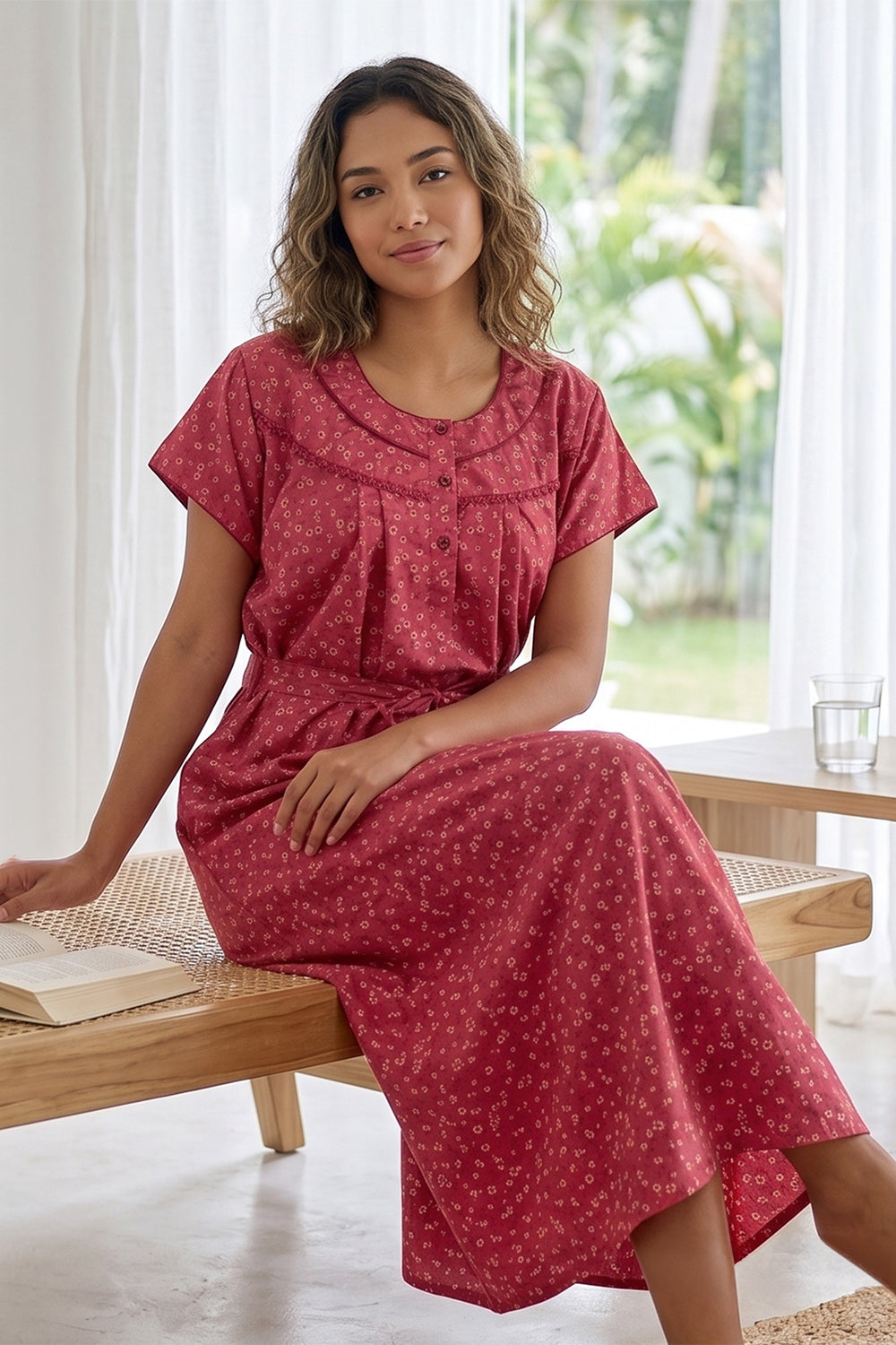 Women’s Poly Viscose Prints Pleated Nighty | Full Length Round Neck Night Dress with Short Sleeve | Relax Fit Sleepwear, Home Wear & Loungewear