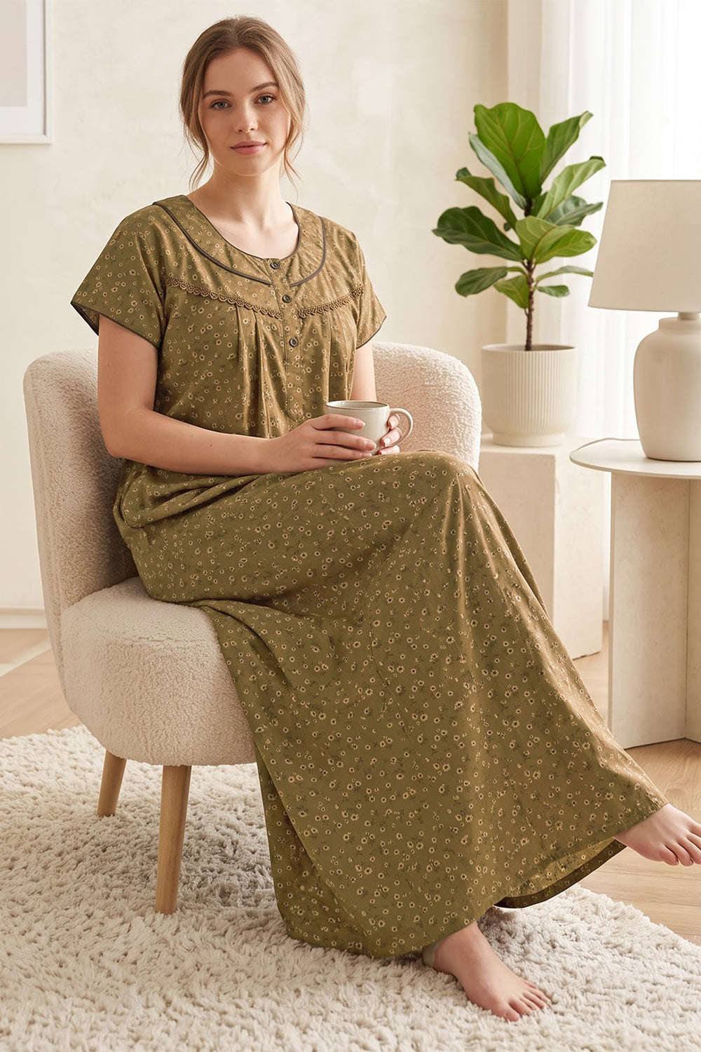 Women’s Poly Viscose Prints Pleated Nighty | Full Length Round Neck Night Dress with Short Sleeve | Relax Fit Sleepwear, Home Wear & Loungewear