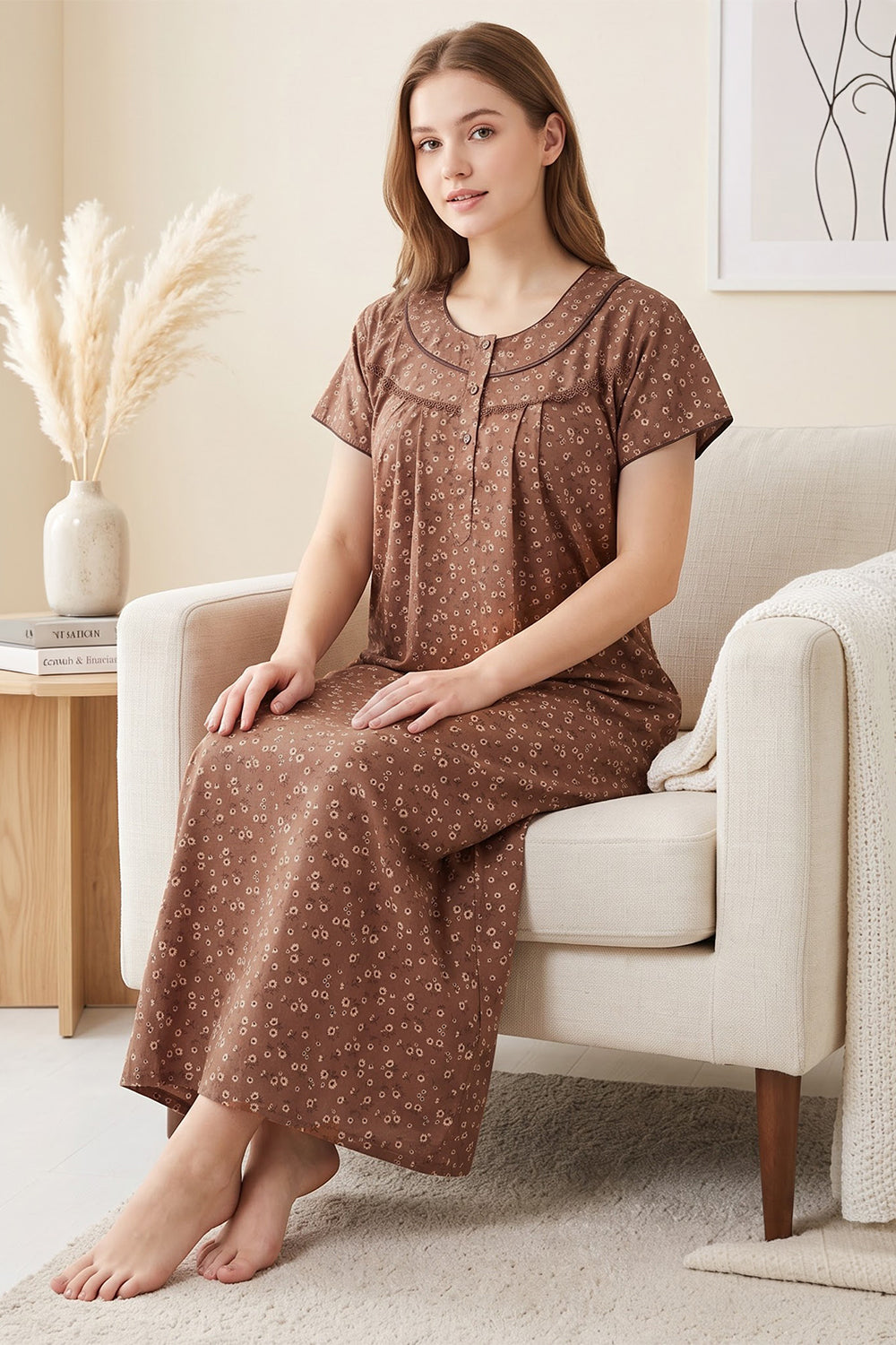 Women’s Poly Viscose Prints Pleated Nighty | Full Length Round Neck Night Dress with Short Sleeve | Relax Fit Sleepwear, Home Wear & Loungewear