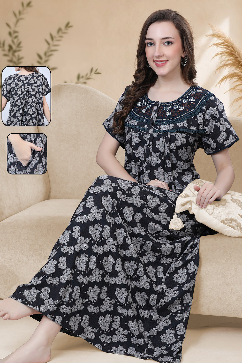 Women’s Cotton Prints Pleated Nighty | Full Length Round Neck Night Dress with Short Sleeve | Relax Fit Sleepwear, Home Wear & Loungewear