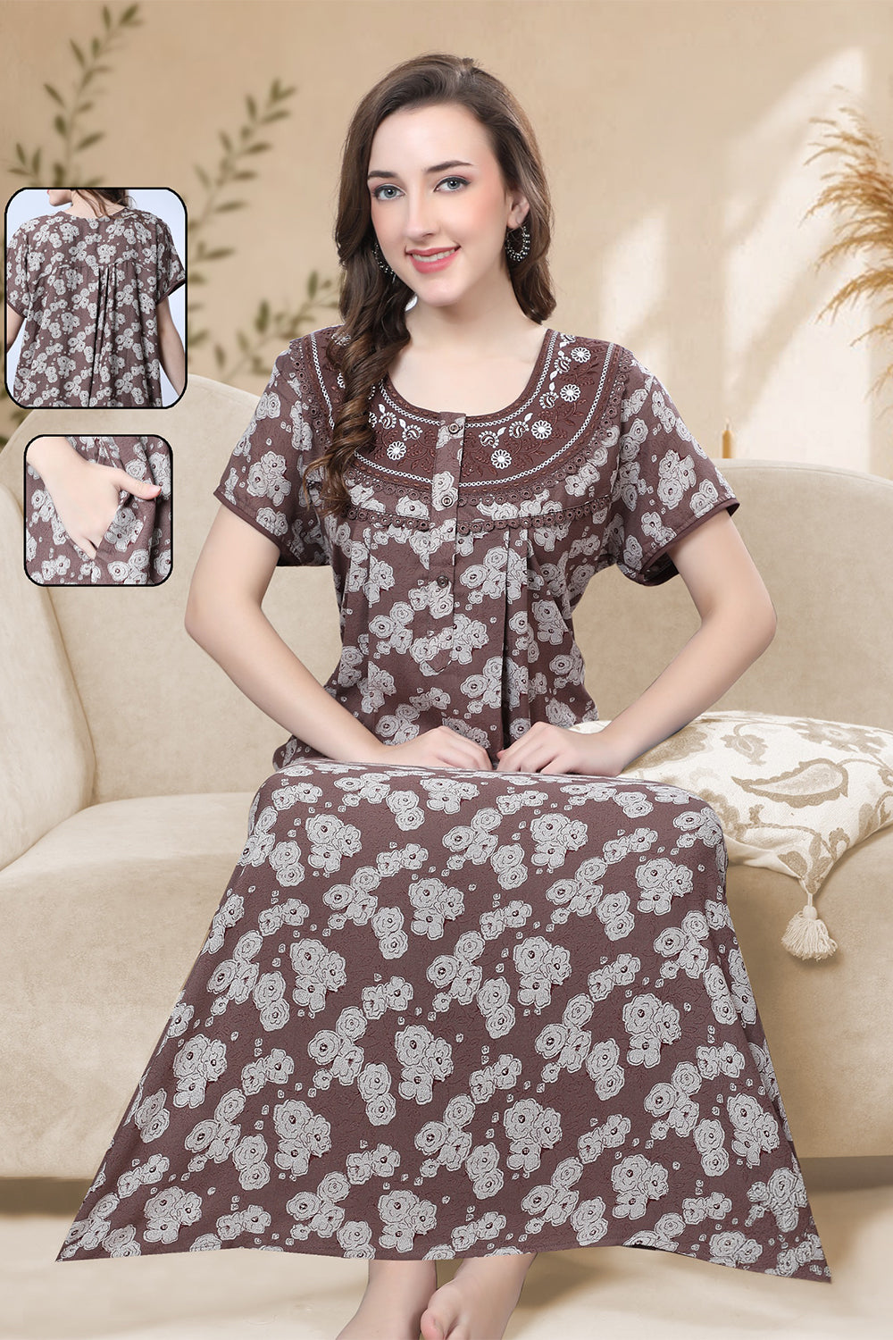 Women’s Cotton Prints Pleated Nighty | Full Length Round Neck Night Dress with Short Sleeve | Relax Fit Sleepwear, Home Wear & Loungewear