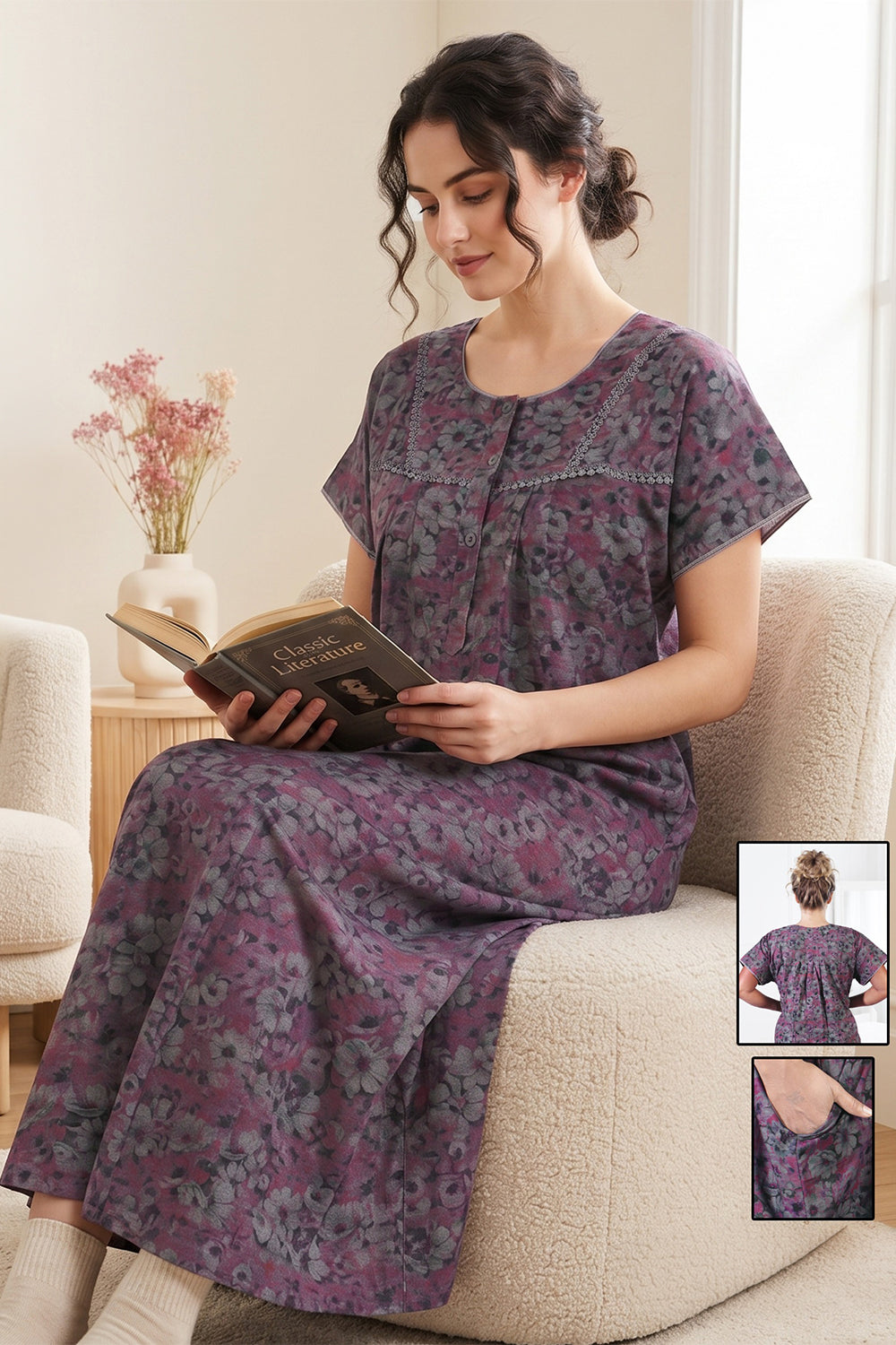 Women’s Poly Viscose Prints Pleated Nighty | Full Length Round Neck Night Dress with Short Sleeve | Relax Fit Sleepwear, Home Wear & Loungewear