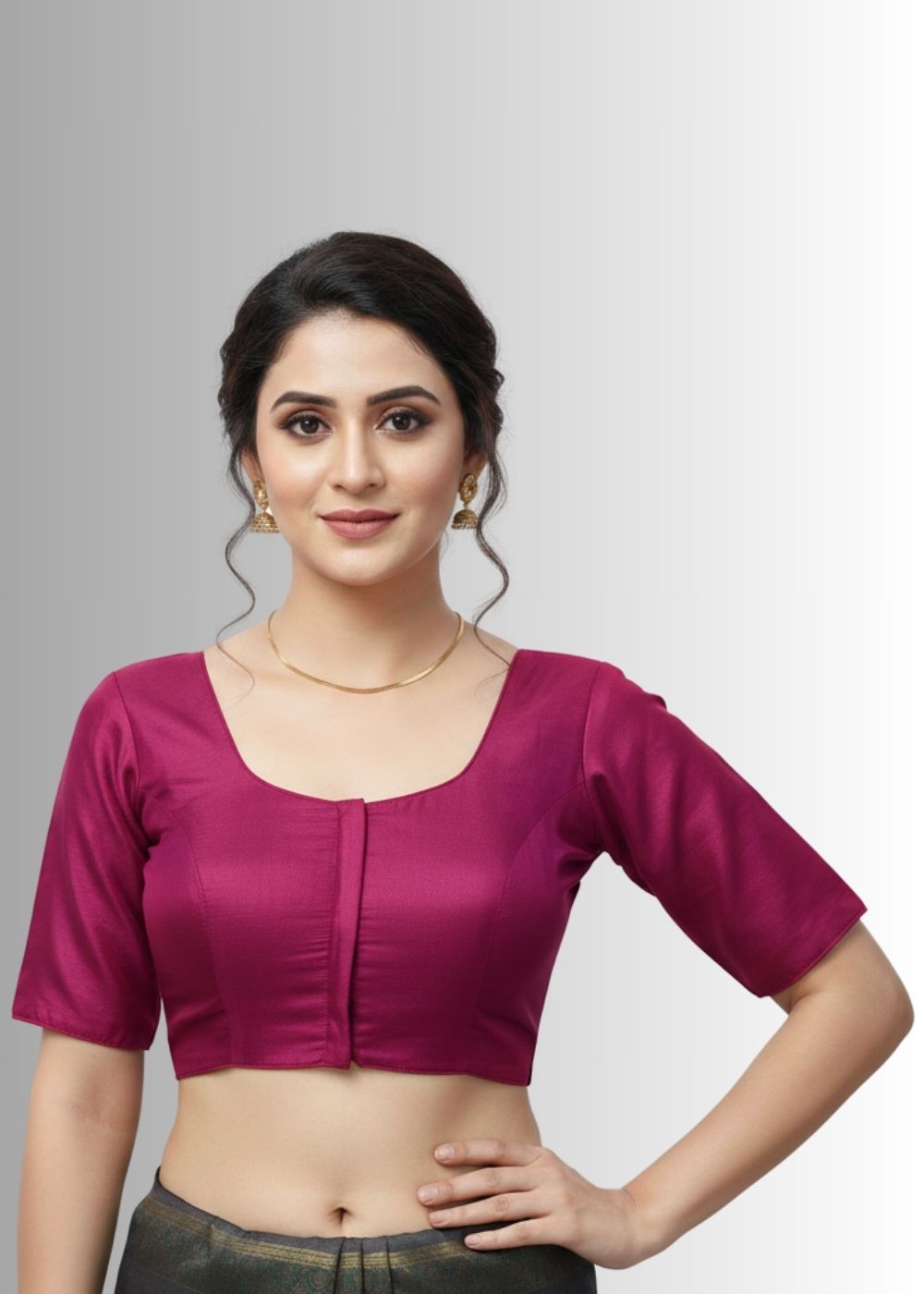 Women's Blouse Silk Blend Padded Front Open Round Neck Princess Cut Elbow Sleeve Solid Saree Blouse with Round Back - Purple - 4050