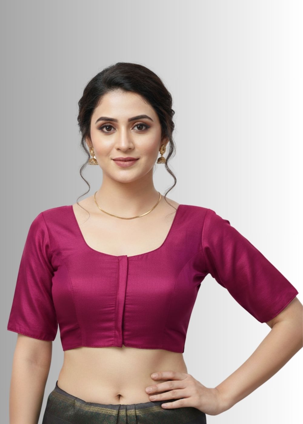 Women's Blouse Silk Blend Padded Front Open Round Neck Princess Cut Elbow Sleeve Solid Saree Blouse with Round Back - Fuschia - 4050