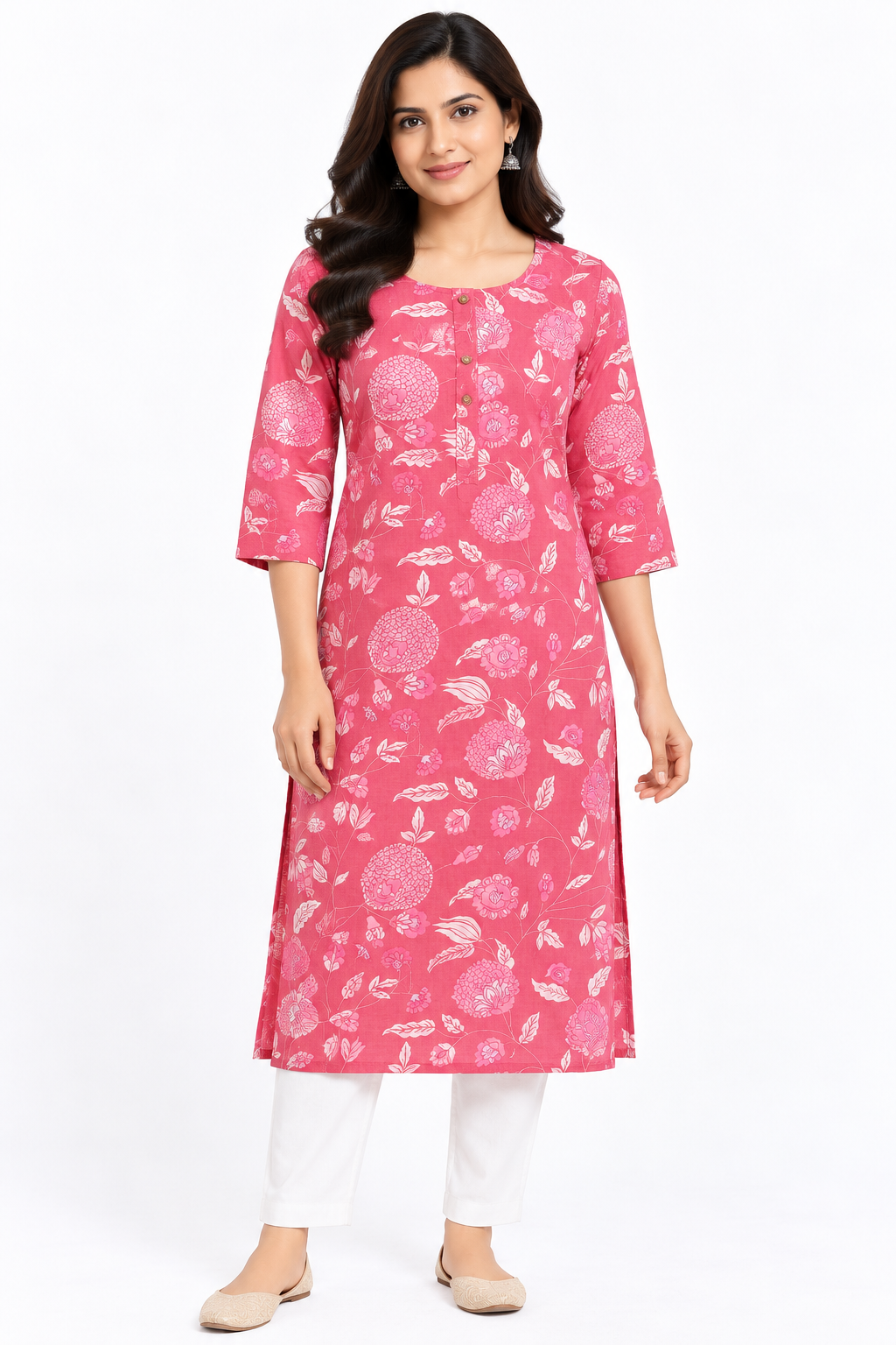 Women's Prints Cotton Blend Kurti with Round Neck, 3/4 Sleeve and Regular Fit - Below Knee | Casual Ethnic Wear Kurti for Daily Wear & Casual Outings - 3471