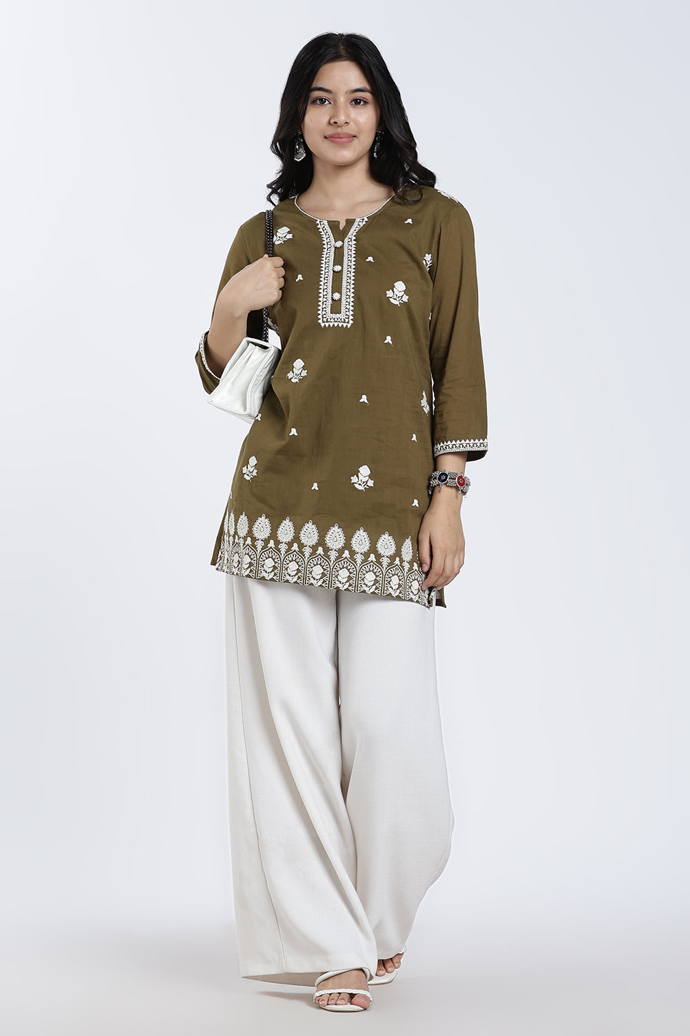 Mythri Women’s Cotton Embroidered Short Top – Floral Butta Casual Top with V Notch Neck & 3/4 Sleeves - 1283