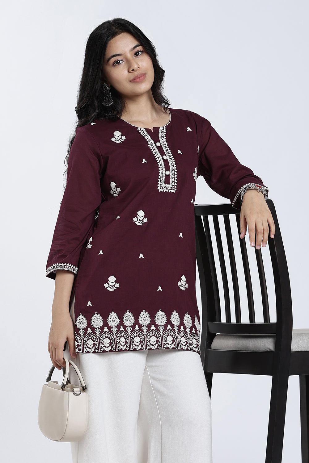 Mythri Women’s Cotton Embroidered Short Top – Floral Butta Casual Top with V Notch Neck & 3/4 Sleeves - 1283