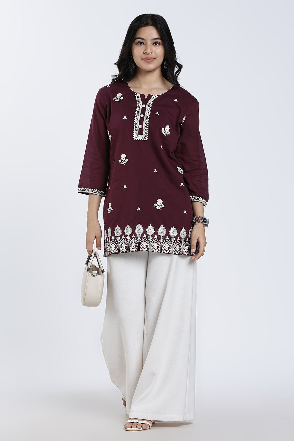 Mythri Women’s Cotton Embroidered Short Top – Floral Butta Casual Top with V Notch Neck & 3/4 Sleeves - 1283