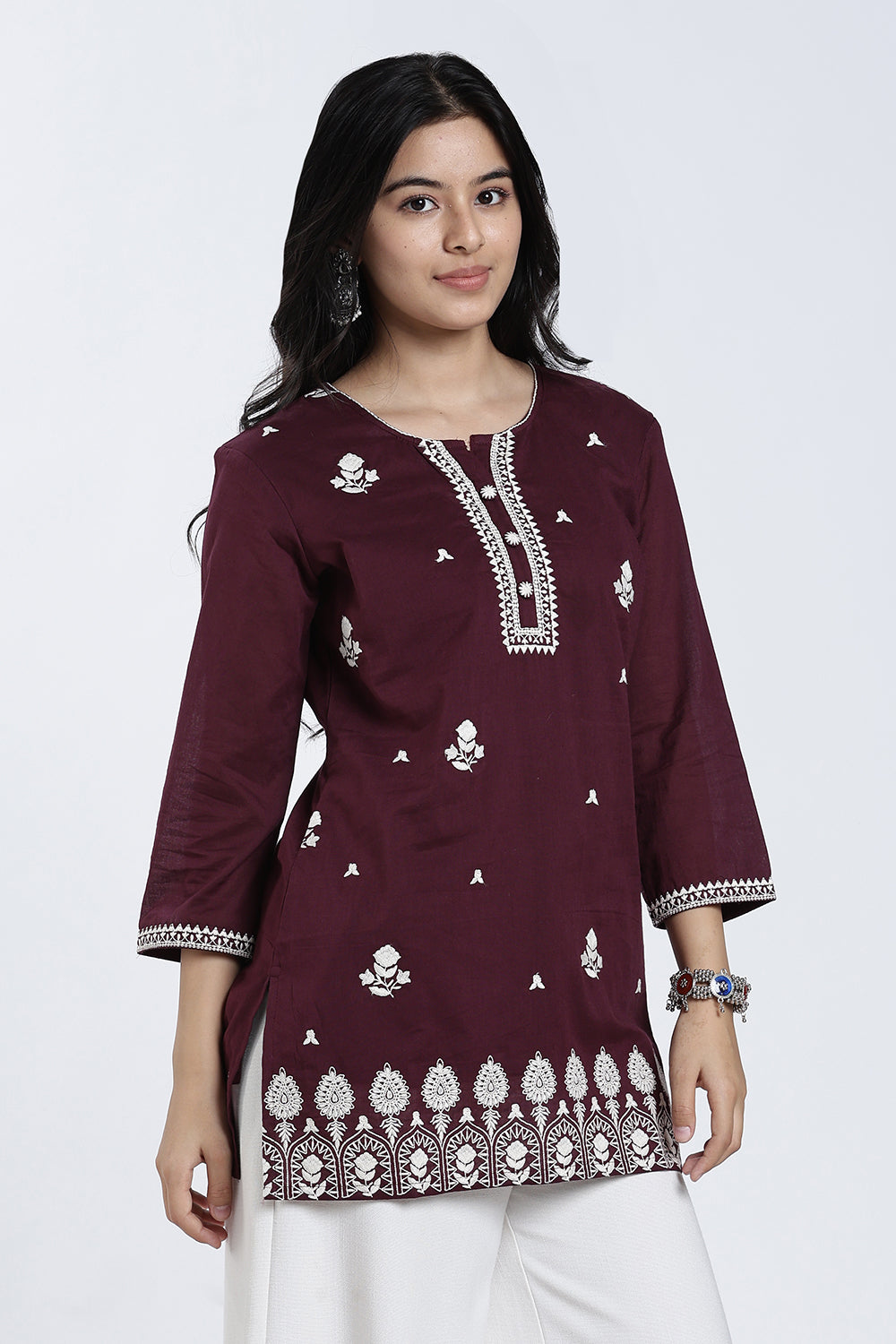 Mythri Women’s Cotton Embroidered Short Top – Floral Butta Casual Top with V Notch Neck & 3/4 Sleeves - 1283