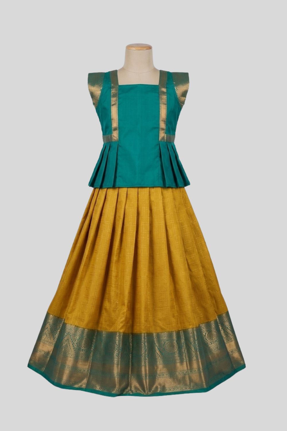 Chittythalli Girls Traditional Pavadai Set | Art Silk Teal Peplum Top with Border Flat Piping & Mini Cap Sleeves | Mustard Yellow Pleated Skirt | Back Open Gold Button | Woven Ethnic Wear for Girls - PS006