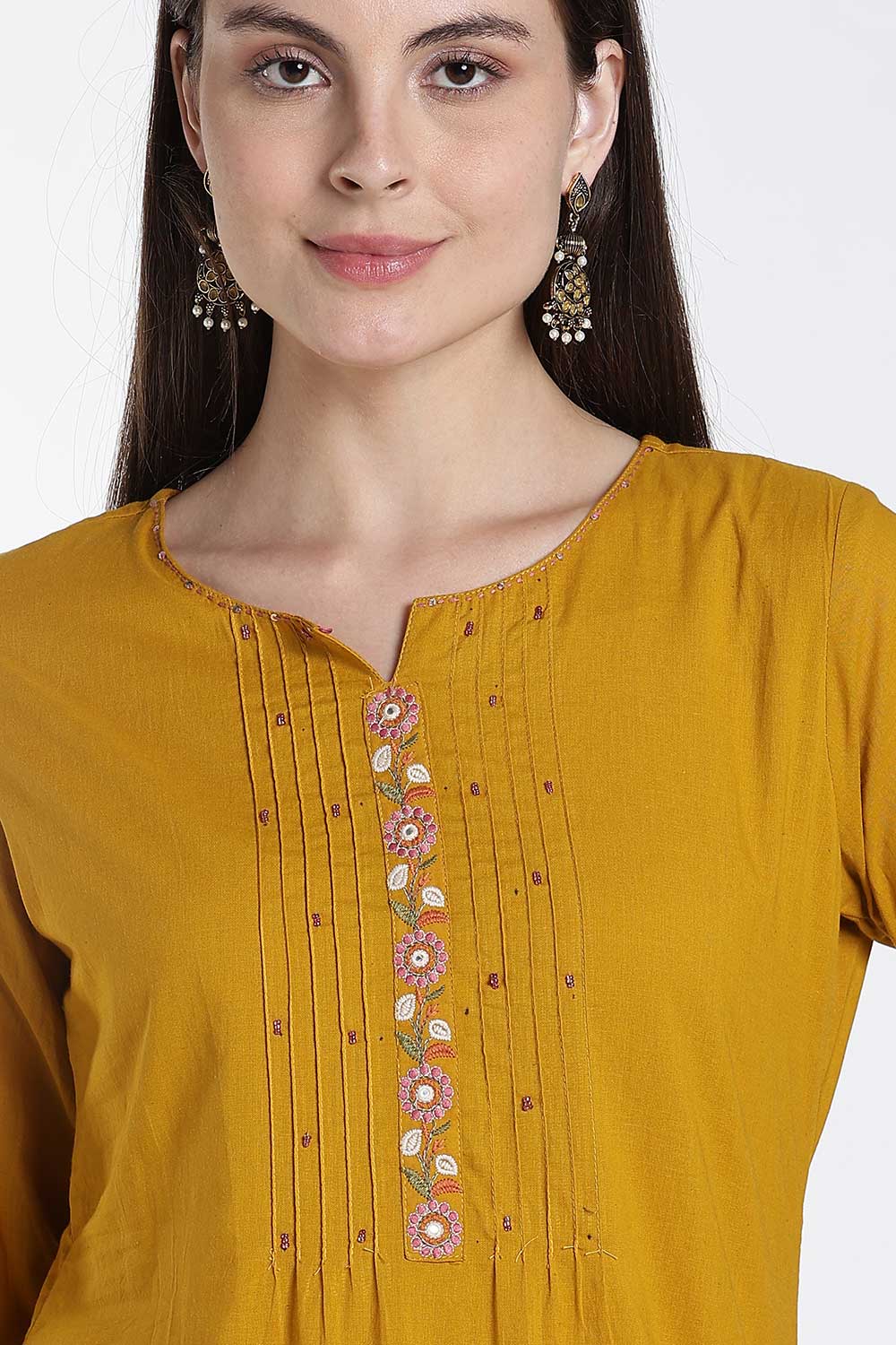 Mythri Cotton Kurti for Women – Straight Fit Kurthi with Embroidery & Puff Sleeves | Everyday Wear Kurta - 1349