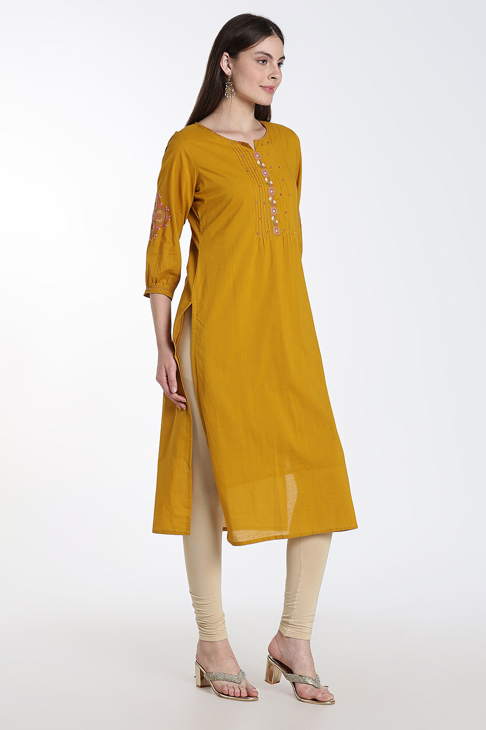 Mythri Cotton Kurti for Women – Straight Fit Kurthi with Embroidery & Puff Sleeves | Everyday Wear Kurta - 1349