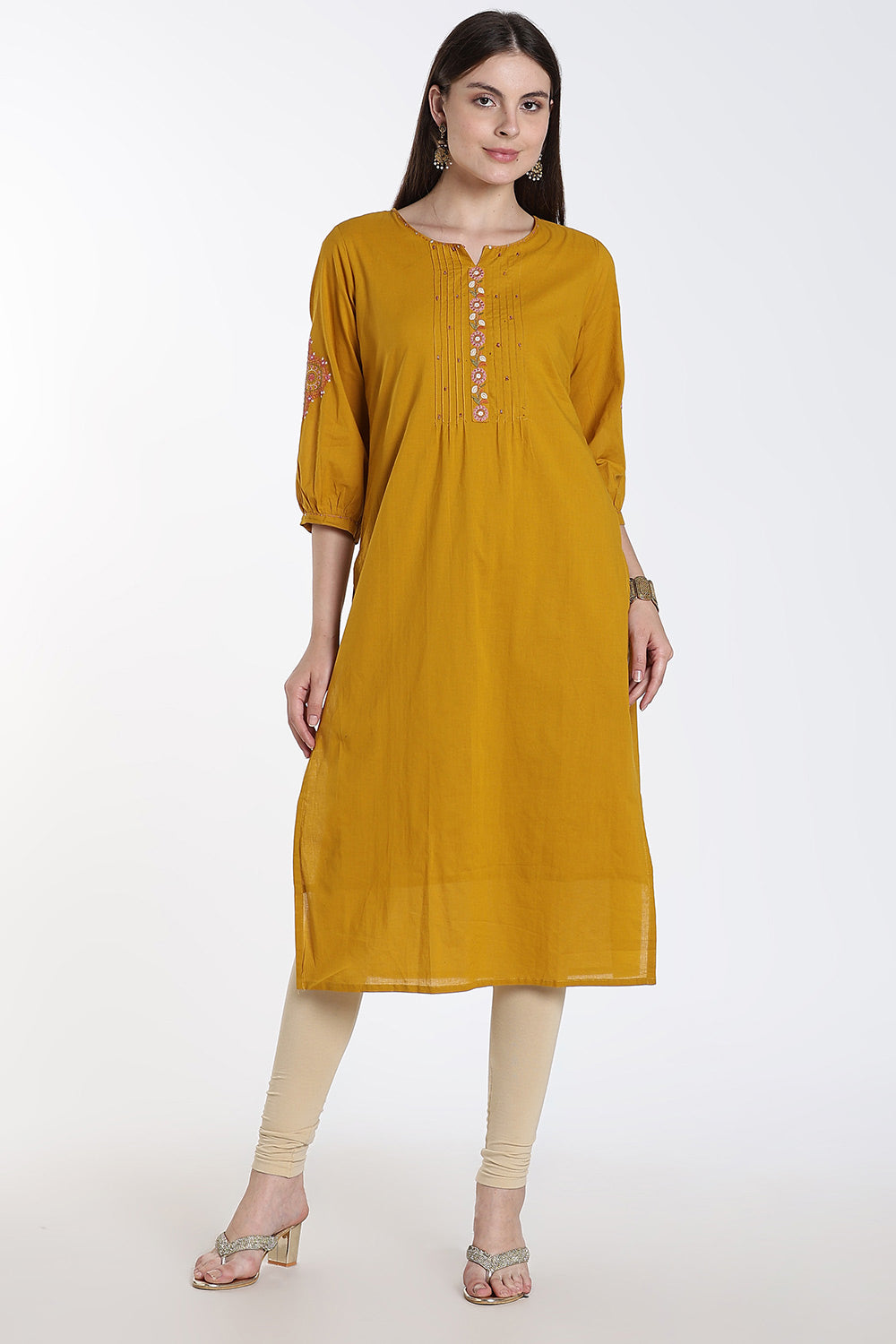 Mythri Cotton Kurti for Women – Straight Fit Kurthi with Embroidery & Puff Sleeves | Everyday Wear Kurta - 1349