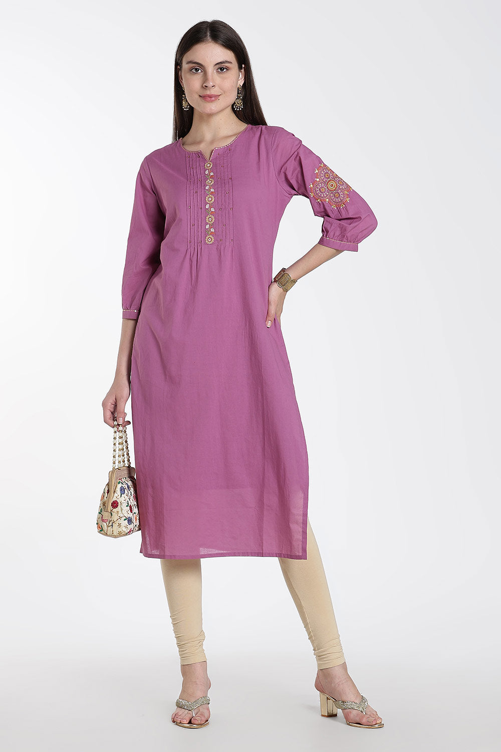 Mythri Cotton Kurti for Women – Straight Fit Kurthi with Embroidery & Puff Sleeves | Everyday Wear Kurta - 1349