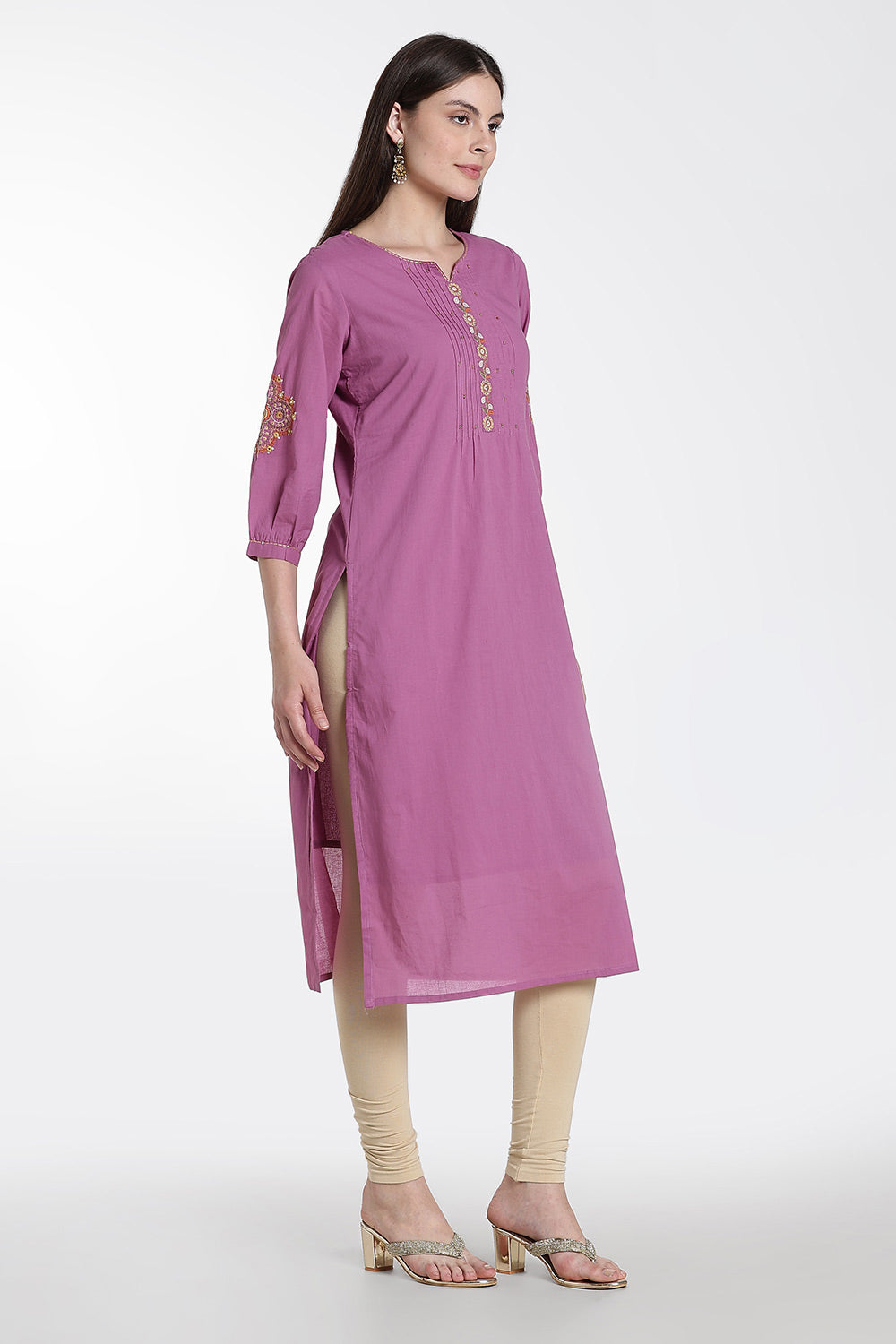 Mythri Cotton Kurti for Women – Straight Fit Kurthi with Embroidery & Puff Sleeves | Everyday Wear Kurta - 1349