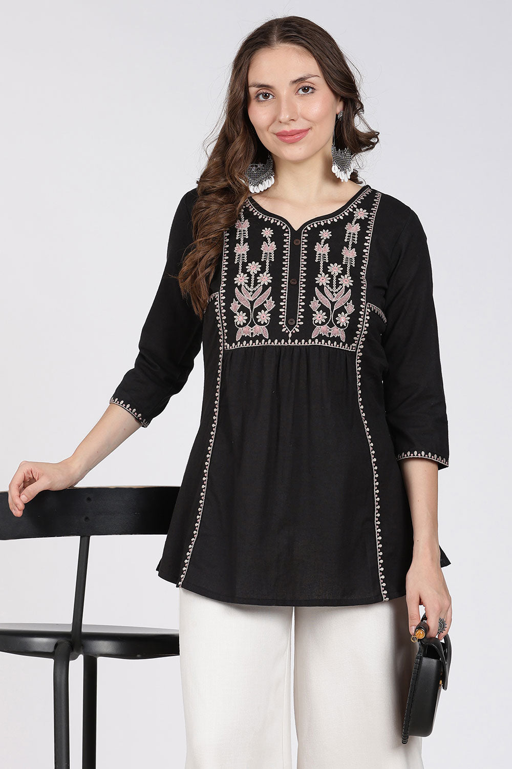 Mythri Cotton Top for Women – Fit & Flare Embroidered Top with Round Neck V-Notch | Stylish Everyday Wear Top - 1392