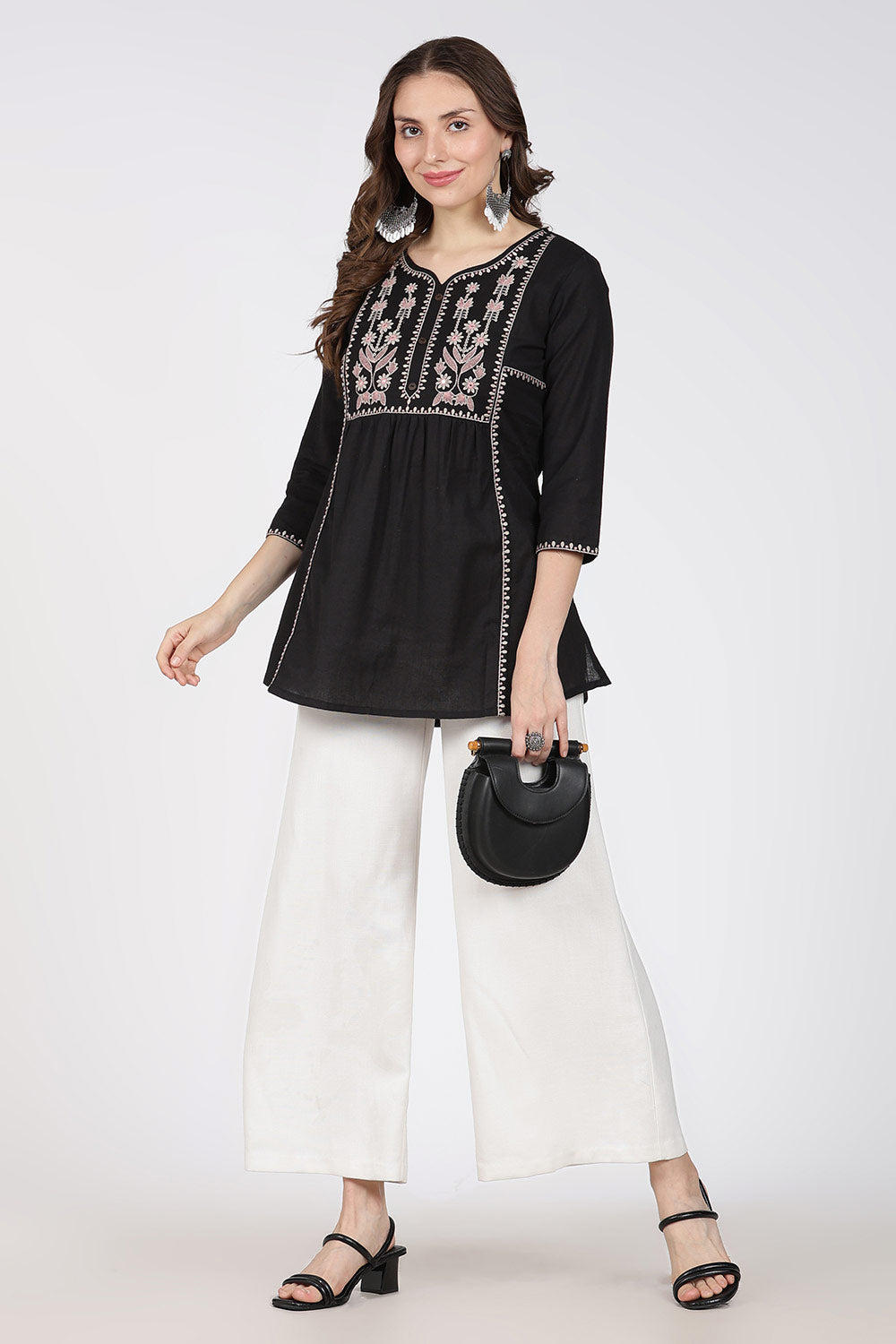 Mythri Cotton Top for Women – Fit & Flare Embroidered Top with Round Neck V-Notch | Stylish Everyday Wear Top - 1392