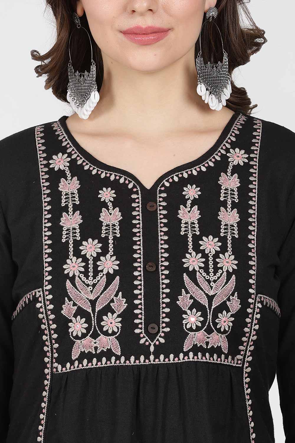 Mythri Cotton Top for Women – Fit & Flare Embroidered Top with Round Neck V-Notch | Stylish Everyday Wear Top - 1392