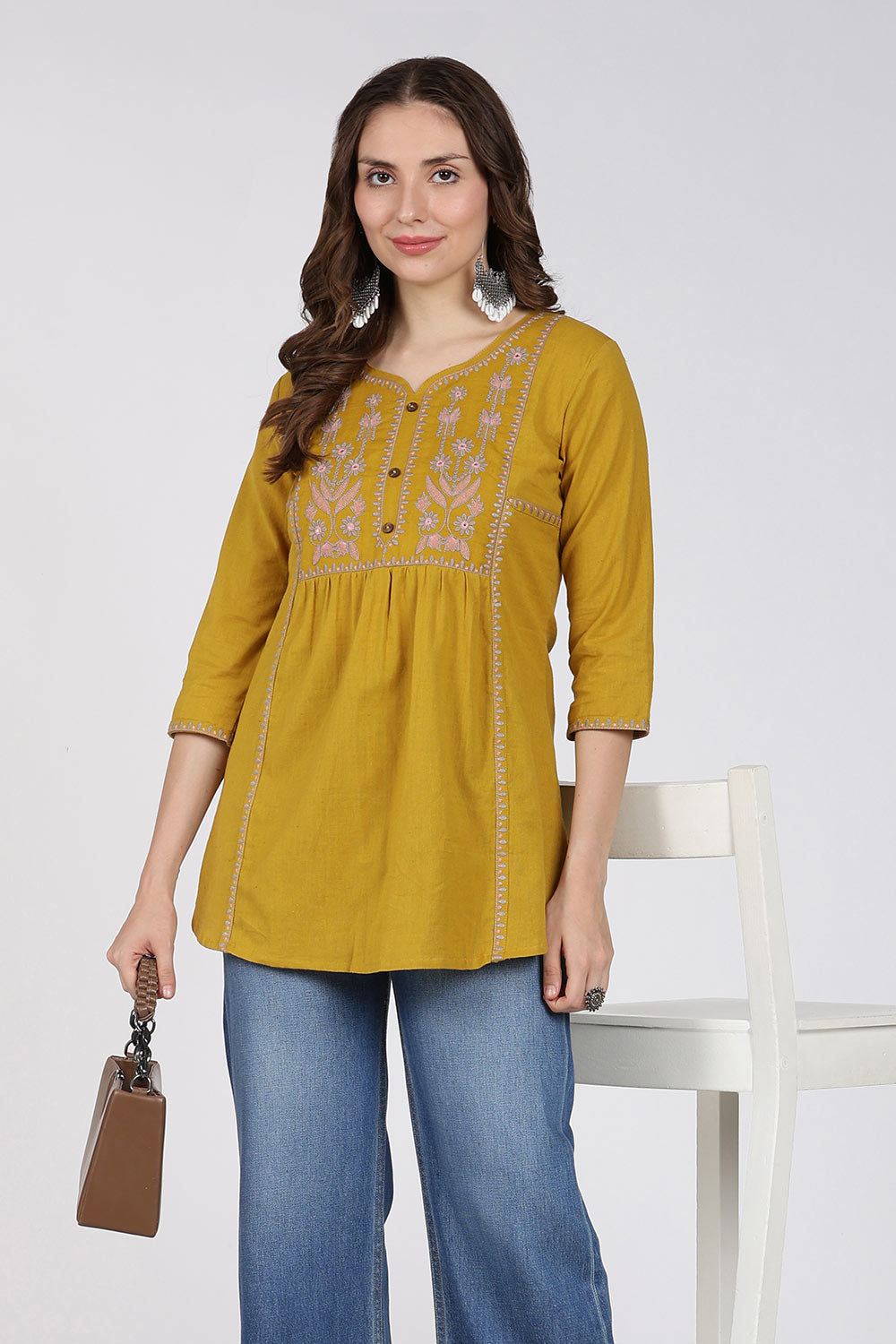 Mythri Cotton Top for Women – Fit & Flare Embroidered Top with Round Neck V-Notch | Stylish Everyday Wear Top - 1392