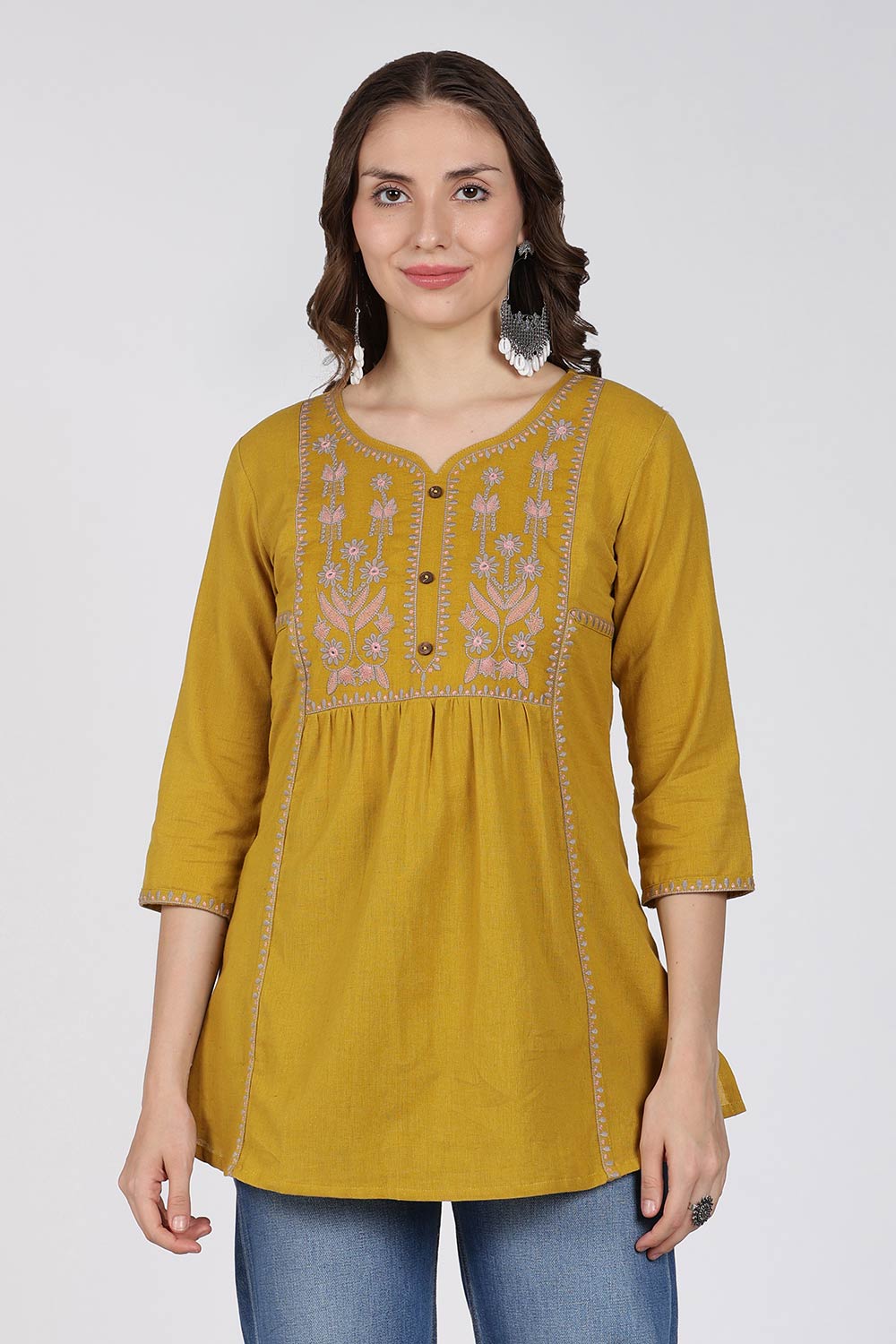 Mythri Cotton Top for Women – Fit & Flare Embroidered Top with Round Neck V-Notch | Stylish Everyday Wear Top - 1392