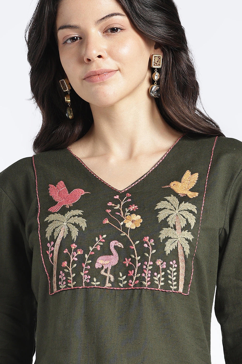 Mythri Women’s Cotton Flax Floral Embroidered Top | V-Neck 3/4 Sleeve Regular Fit Casual Top for Women | Everyday Office & Smart Casual Wear - 1445