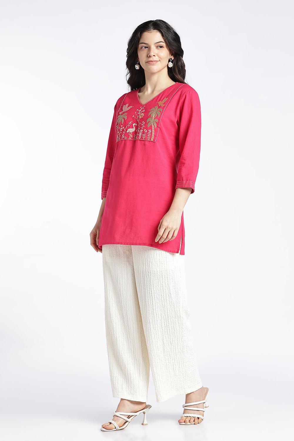 Mythri Women’s Cotton Flax Floral Embroidered Top | V-Neck 3/4 Sleeve Regular Fit Casual Top for Women | Everyday Office & Smart Casual Wear - 1445