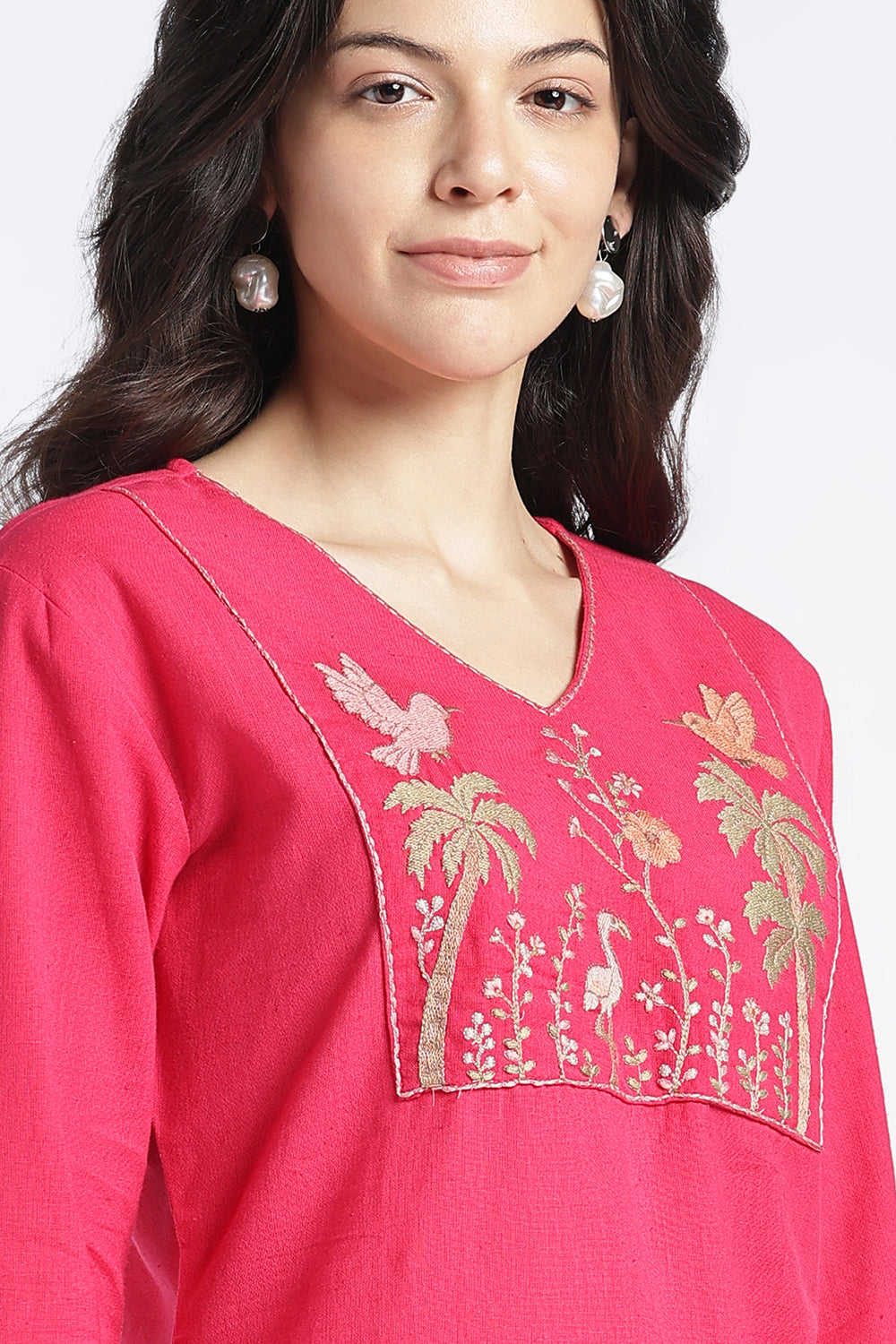 Mythri Women’s Cotton Flax Floral Embroidered Top | V-Neck 3/4 Sleeve Regular Fit Casual Top for Women | Everyday Office & Smart Casual Wear - 1445