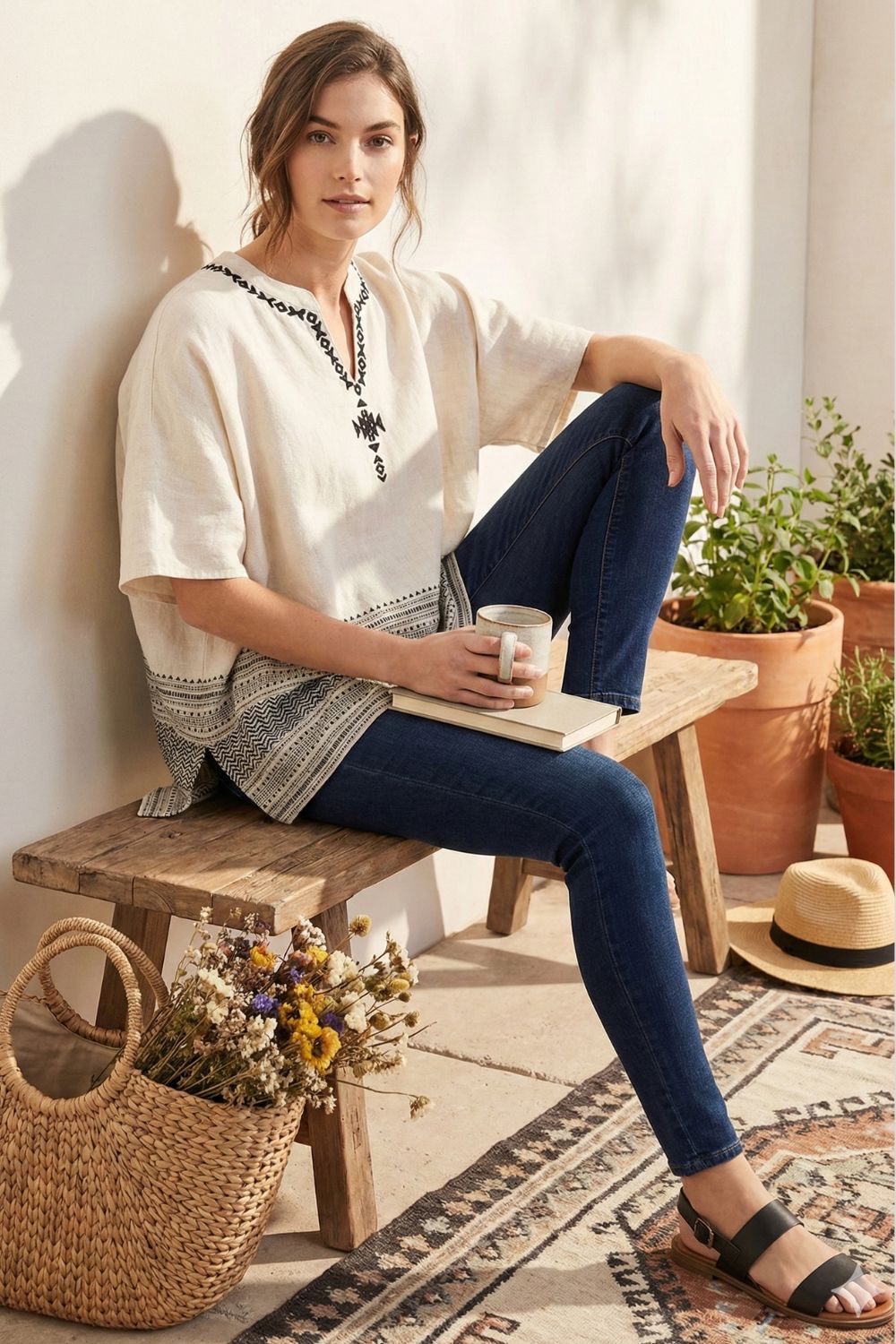 Mythri Women’s Dobby Cotton Kaftan Top | Mandarin Collar, V-Slit Neck, Elbow Sleeves - TO43