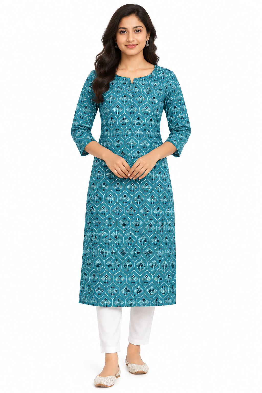 Women's Prints Cotton Blend Kurti with Round Neck, 3/4 Sleeve and Regular Fit - Below Knee | Casual Ethnic Wear Kurti for Daily Wear & Casual Outings - 3471