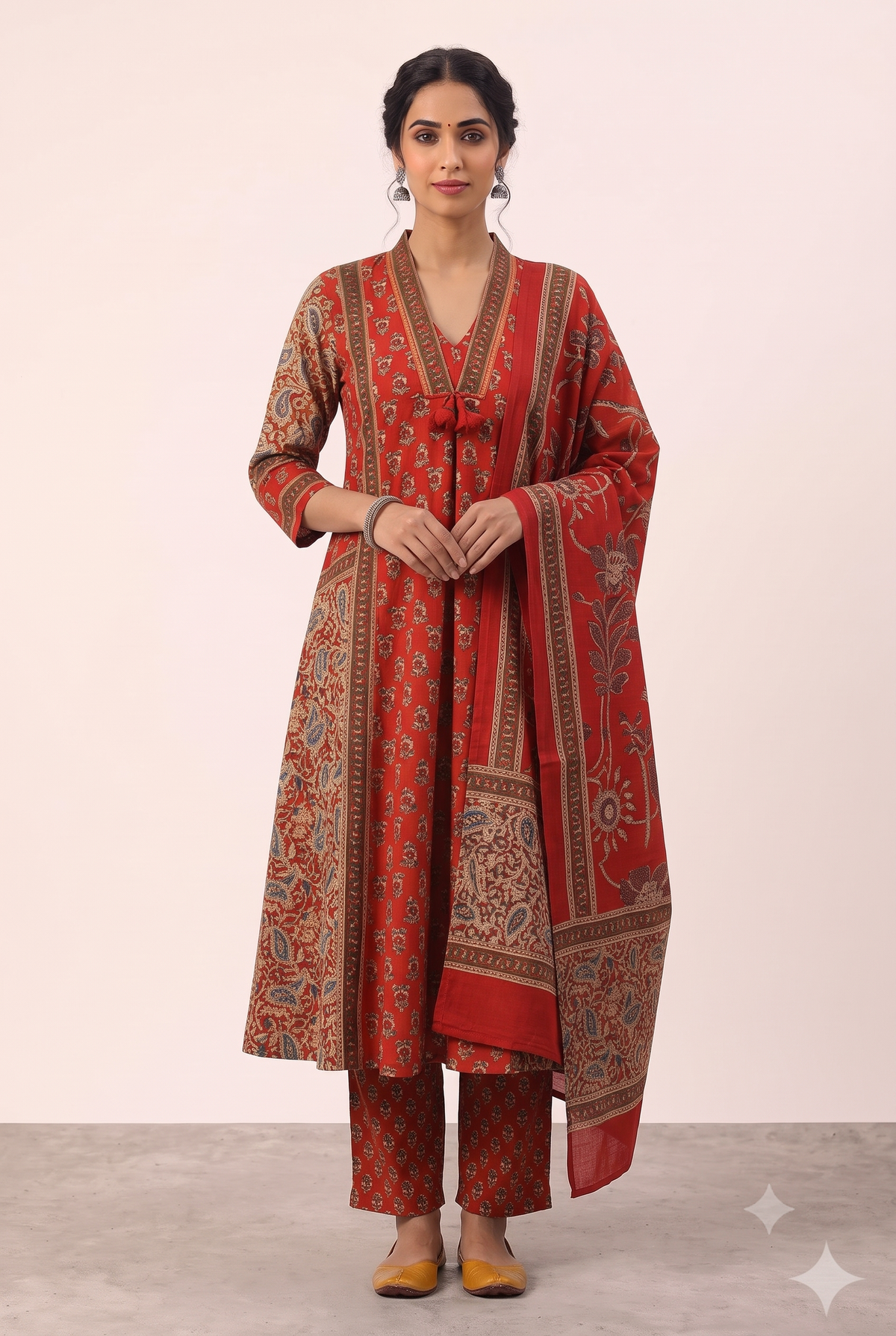 Women's Prints Cotton Blend Chudidar Set with V Neck Neckline and 3/4 Sleeve - Below Knee | Comfortable Ethnic Wear Chudidar Set for Office Wear, Daily Wear, Festive Wear - O157