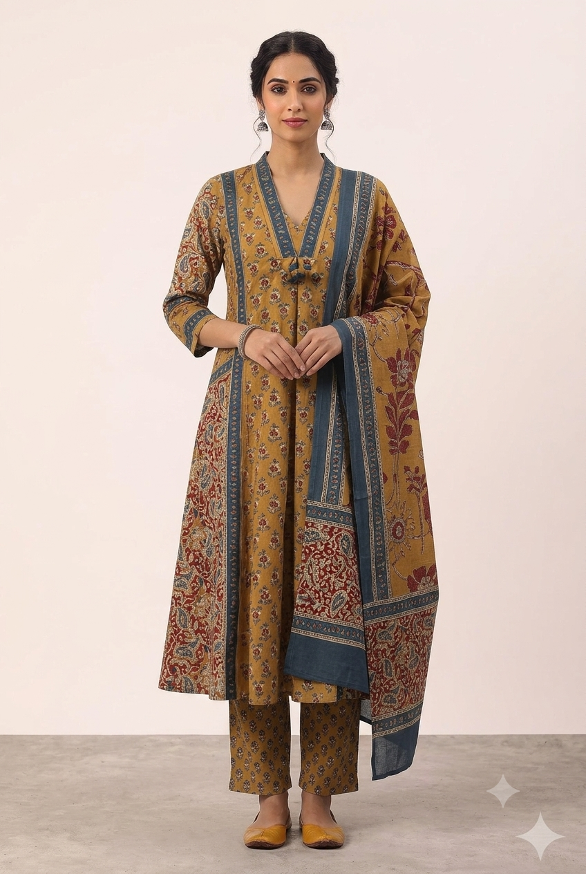 Women's Prints Cotton Blend Chudidar Set with V Neck Neckline and 3/4 Sleeve - Below Knee | Comfortable Ethnic Wear Chudidar Set for Office Wear, Daily Wear, Festive Wear - O158