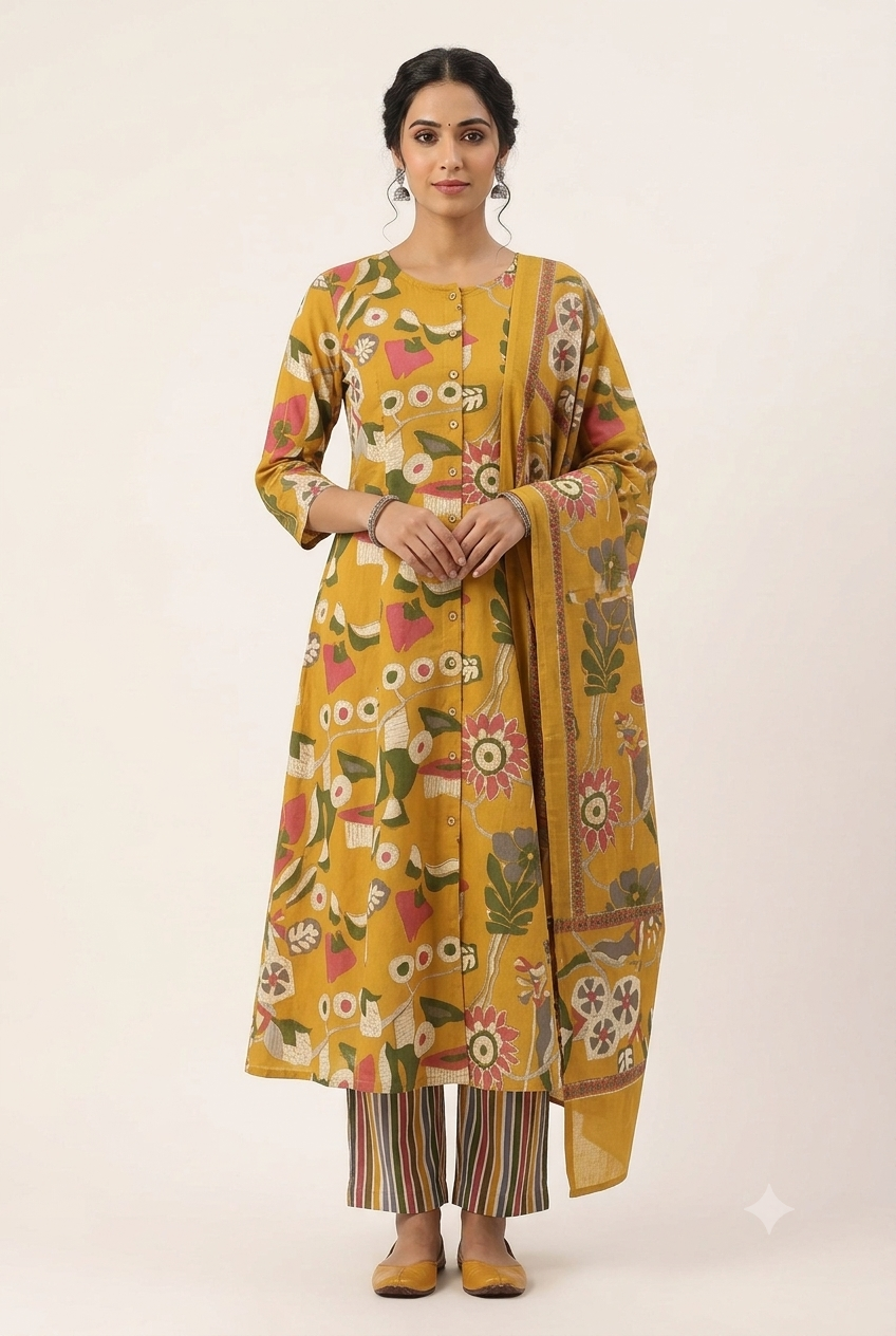 Women's Prints Cotton Blend Chudidar Set with Mandarin Collar and 3/4 Sleeve - Below Knee | Comfortable Ethnic Wear Chudidar Set for Office Wear, Daily Wear, Festive Wear - O163