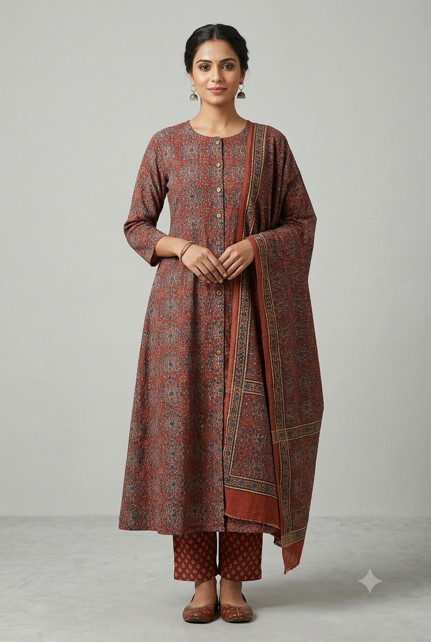 Women's Prints Cotton Blend Chudidar Set with Mandarin Collar and 3/4 Sleeve - Below Knee | Comfortable Ethnic Wear Chudidar Set for Office Wear, Daily Wear, Festive Wear - O166