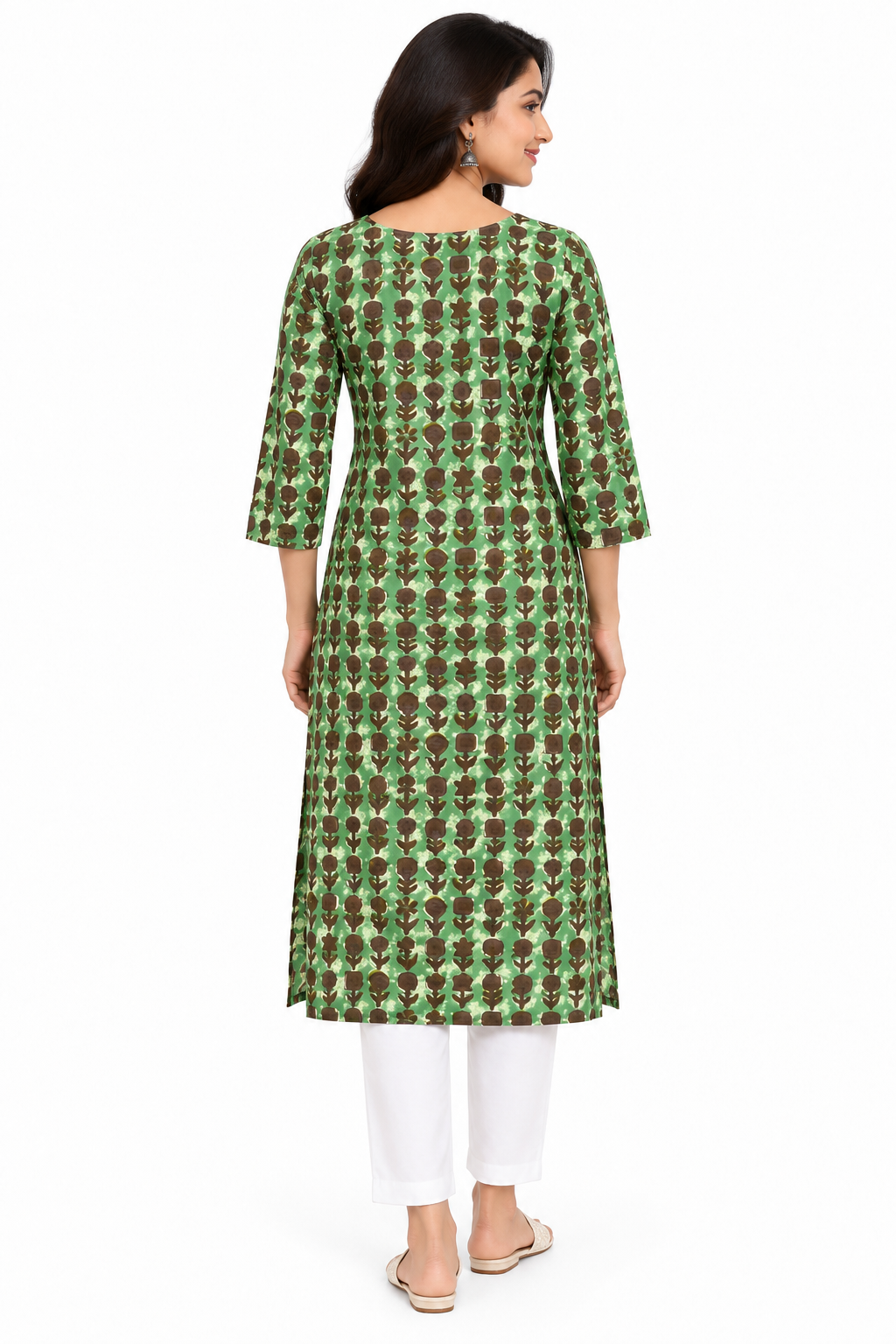 Women's Prints Cotton Blend Kurti with Round Neck, 3/4 Sleeve and Regular Fit - Below Knee | Casual Ethnic Wear Kurti for Daily Wear & Casual Outings - 3471